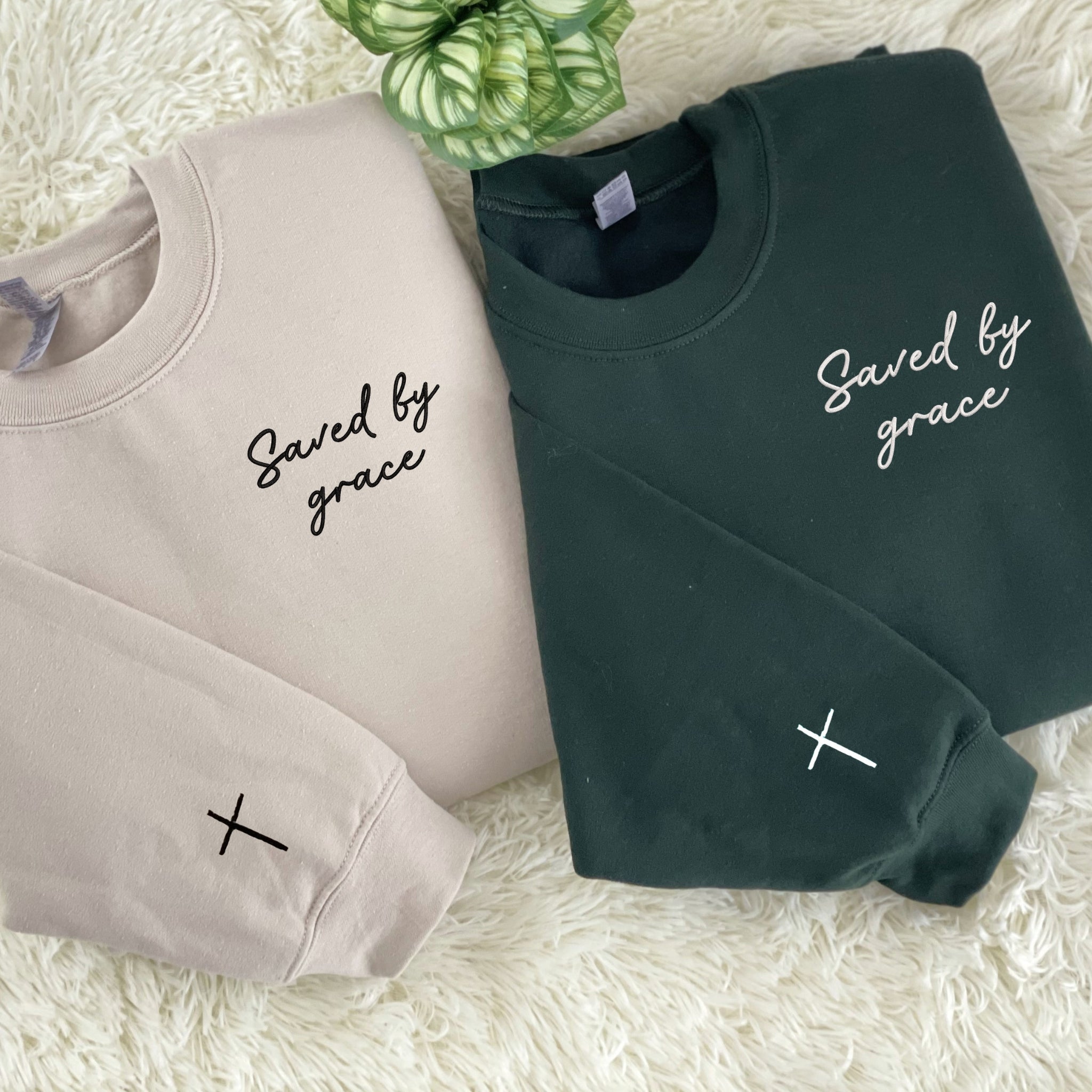 Saved by Grade Sweatshirt, Faith Sweatshirt Embroidered, Custom Cross on Sleeve, Christian Bible Verse Crewneck em4