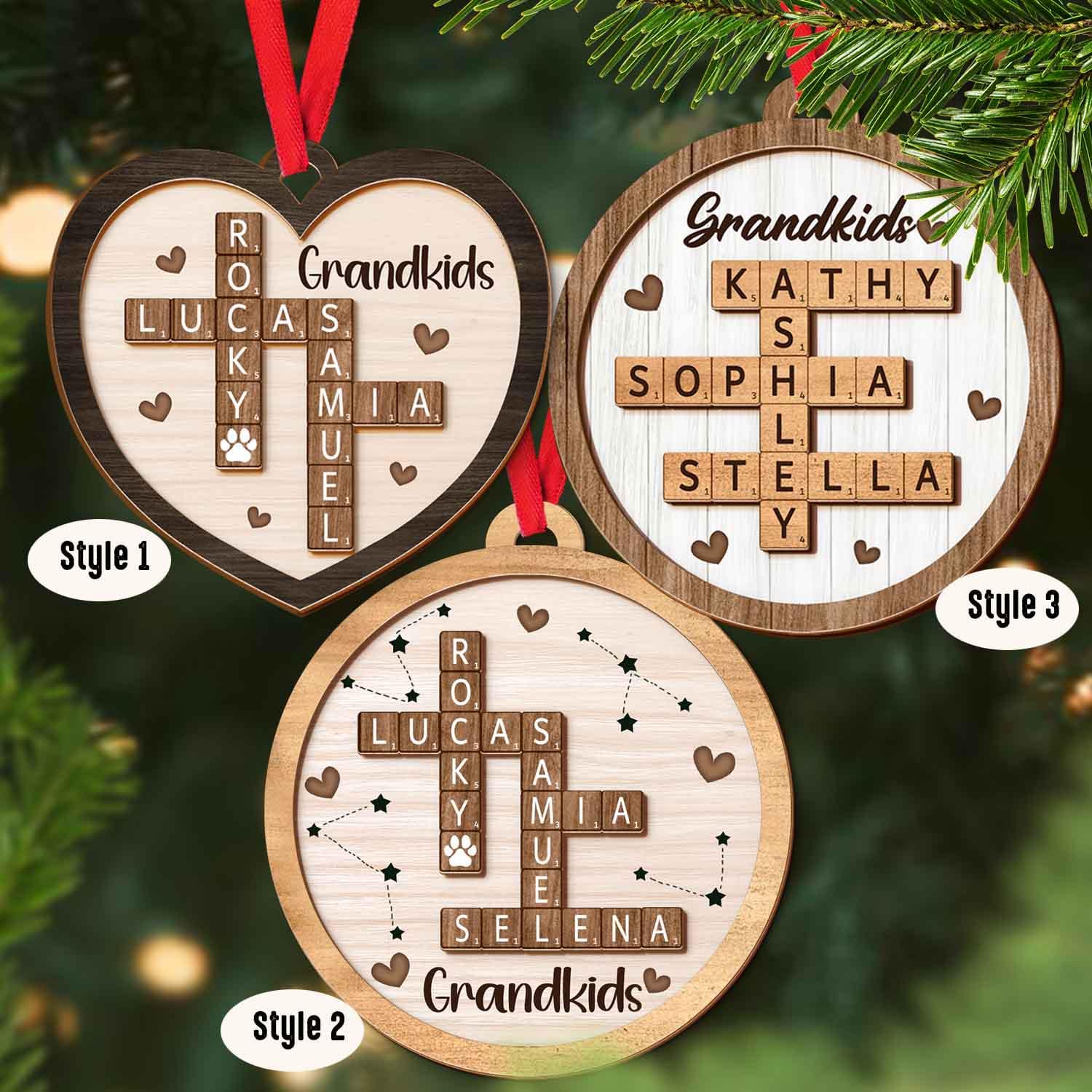 Scrabble Custom Grandchild Christmas Ornament, Grandkids Crossword Puzzle Art 2-Layer Wooden Ornament, Family Crossword Christmas Keepsake 1 OROC24