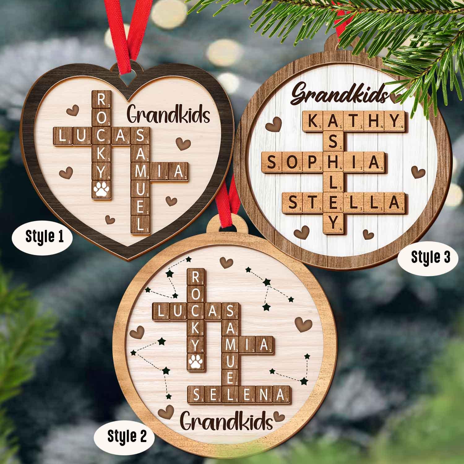 Scrabble Custom Grandchild Christmas Ornament, Grandkids Crossword Puzzle Art 2-Layer Wooden Ornament, Family Crossword Christmas Keepsake 1 OROC24