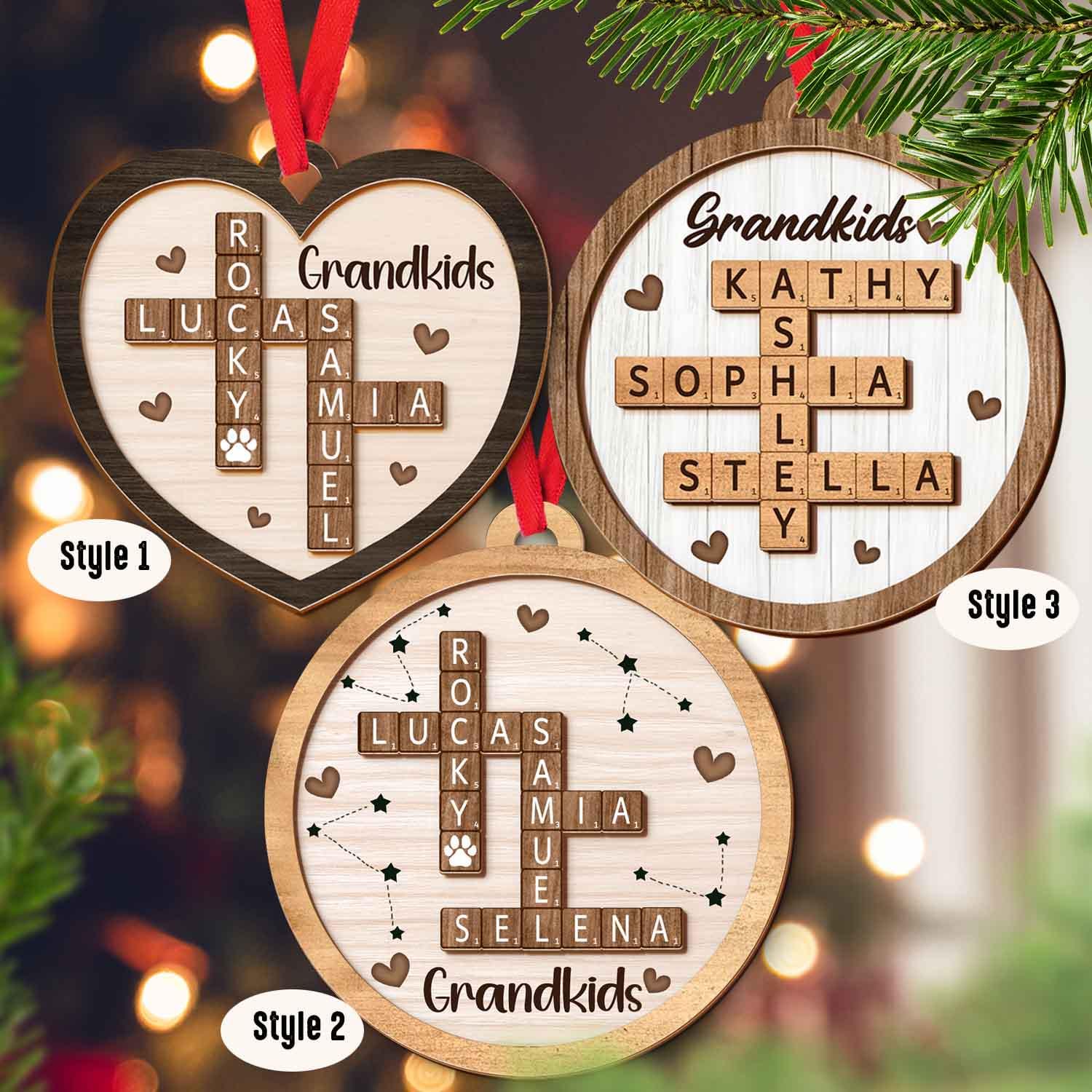 Scrabble Custom Grandchild Christmas Ornament, Grandkids Crossword Puzzle Art 2-Layer Wooden Ornament, Family Crossword Christmas Keepsake OROC24