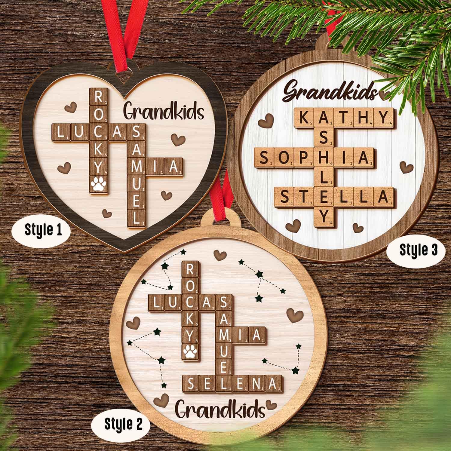 Scrabble Custom Grandchild Christmas Ornament, Grandkids Crossword Puzzle Art 2-Layer Wooden Ornament, Family Crossword Christmas Keepsake OROC24