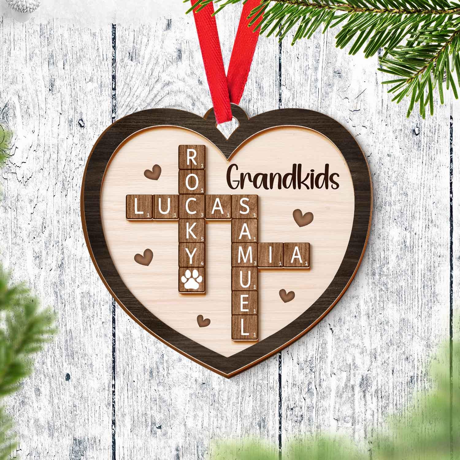 Scrabble Custom Grandchild Christmas Ornament, Grandkids Crossword Puzzle Art 2-Layer Wooden Ornament, Family Crossword Christmas Keepsake OROC24