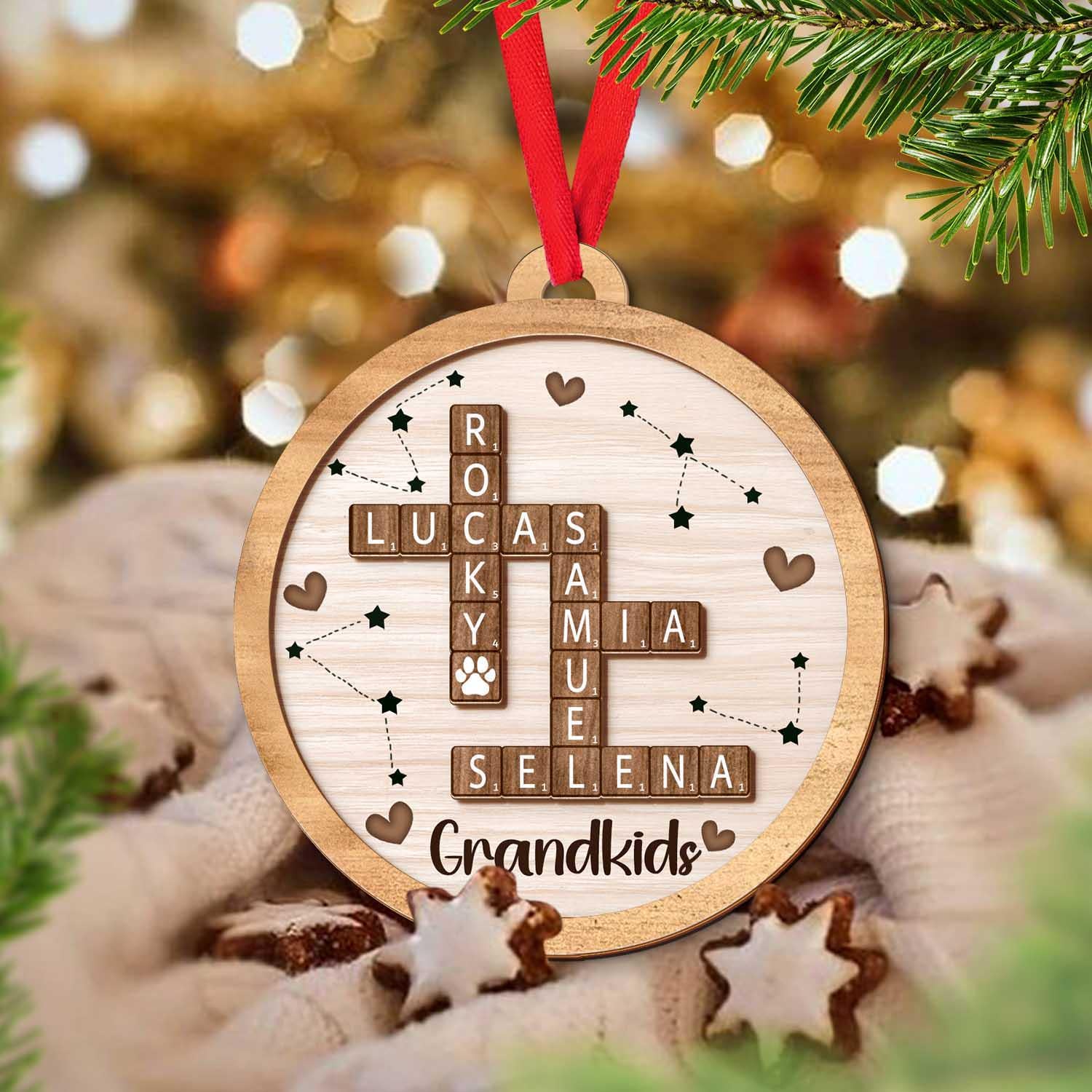 Scrabble Custom Grandchild Christmas Ornament, Grandkids Crossword Puzzle Art 2-Layer Wooden Ornament, Family Crossword Christmas Keepsake 1 OROC24