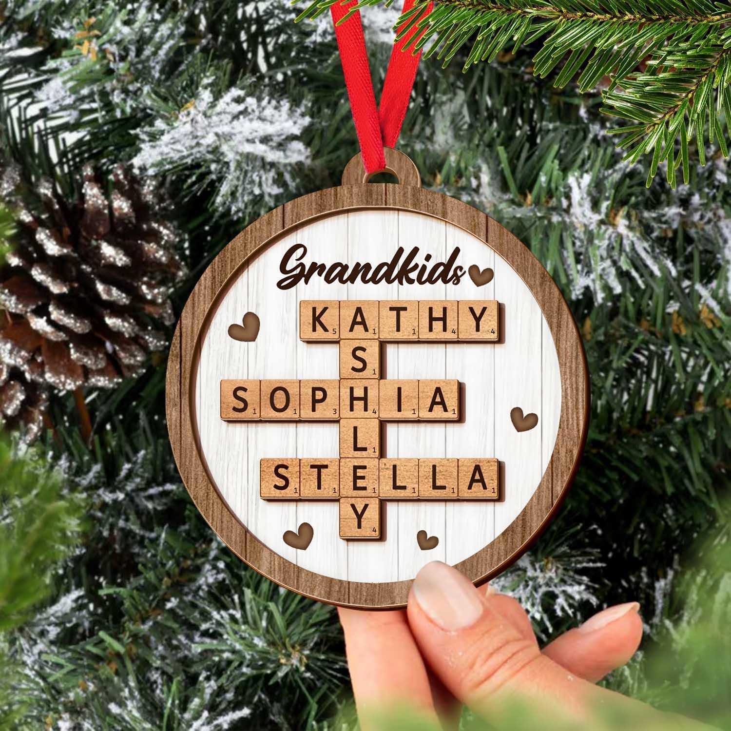 Scrabble Custom Grandchild Christmas Ornament, Grandkids Crossword Puzzle Art 2-Layer Wooden Ornament, Family Crossword Christmas Keepsake OROC24