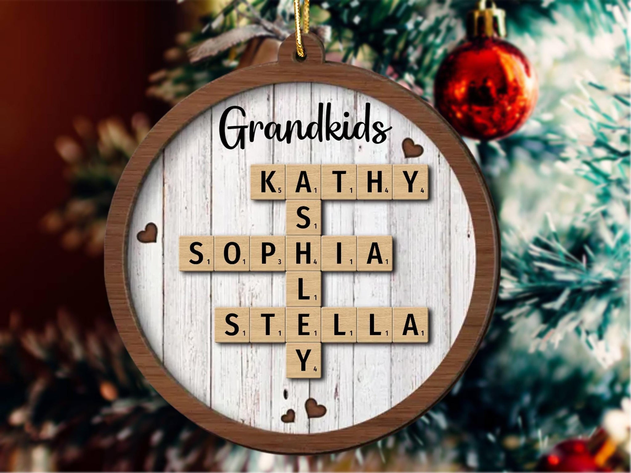 Scrabble Personalized Christmas Ornaments, Grandkids Crossword Puzzle Art Ornament, Gifts for Grandma Ornament, Custom Grandkids Ornament ORH1710N