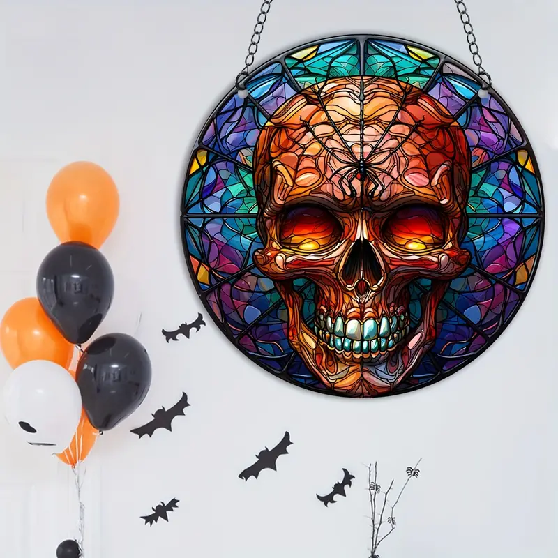 1pc Acrylic Halloween Skull Stained Suncatcher Halloween Horror Home Decoration Panel Skull Window Hanging Wall Ornament Wreath Sign Halloween Decor 2023 ORHA2408