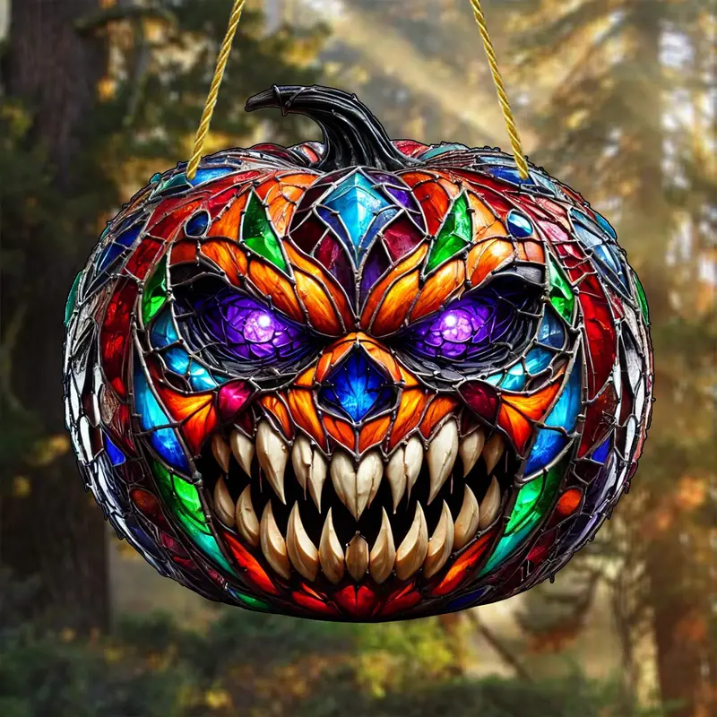 Halloween Horror Pumpkin Head Sun Catcher Pendant - Glam Style Acrylic Hanging Decor, General Fit Occasion, Stained Glass Appearance, Alien Emblem, Seasonal Gift, Window Display, Acrylic Wall Decor, Festi ORHA2408