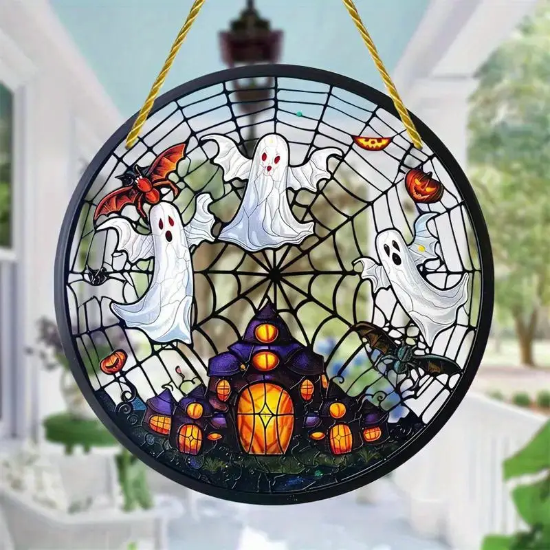 [Halloween] Spooky Ghost Suncatcher Single-sided Acrylic Decor- Acrylic Window Hanging, Round Sign For Halloween Decor, Housewarming Gift, Wreath Centerpiece, Perfect For Windows, Porches, And Home Hallow ORHA2408