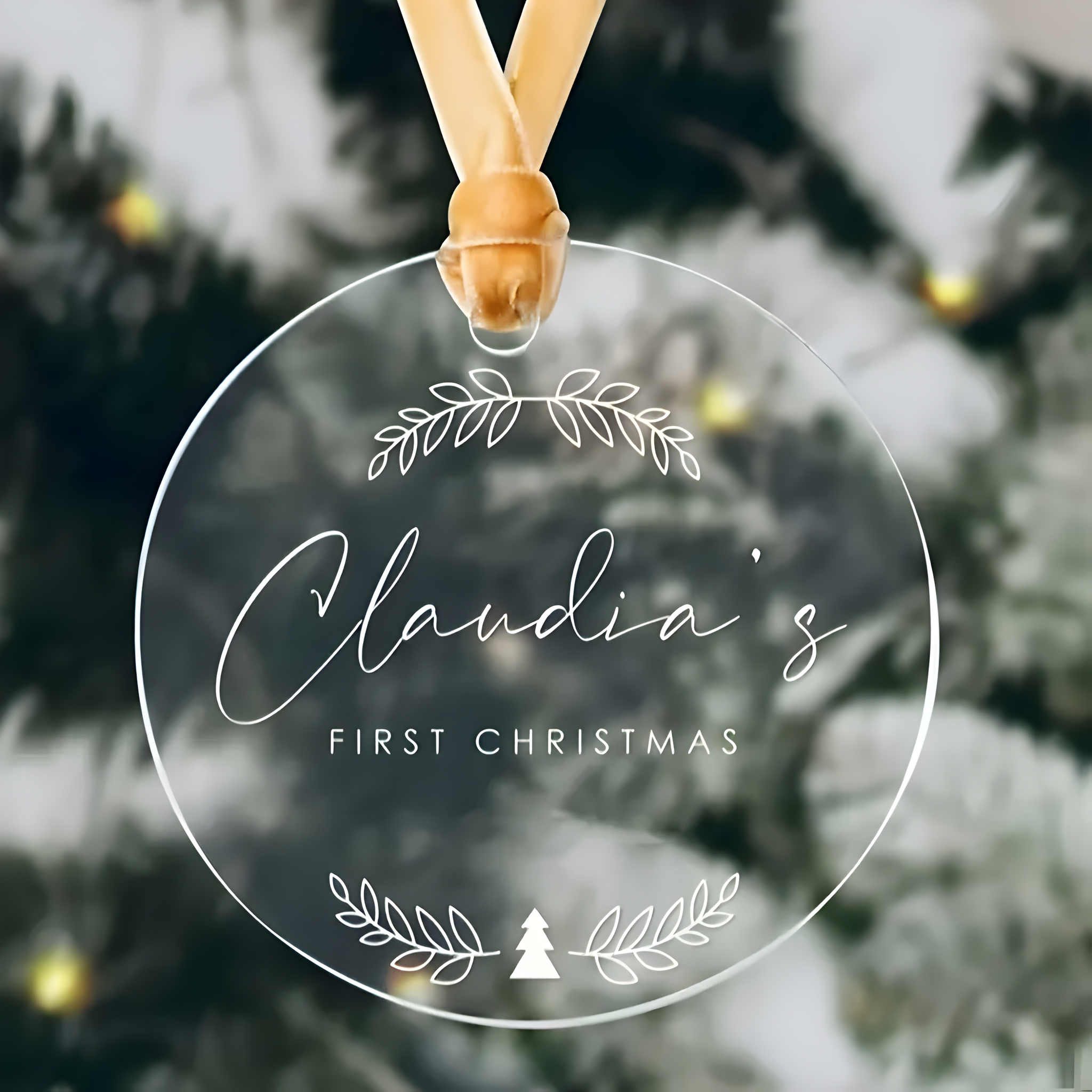 Customizable Classic Style Acrylic Christmas Tree Ornament - Personalized Name Claudia's First Christmas Pendant, Drop & Finial - Festive Holiday Decor Gift with Hanging Attachment ORN2709