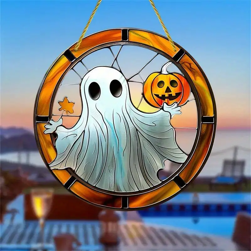 Halloween Spooky Pumpkin Ghost Suncatcher - Acrylic Halloween Welcome Sign, Flat Sign, Stained Window Hanging, Perfect For Fall & Holiday Decor, Ideal Gift For Family Friends ORHA2408