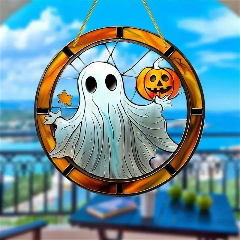 Halloween Spooky Pumpkin Ghost Suncatcher - Acrylic Halloween Welcome Sign, Flat Sign, Stained Window Hanging, Perfect For Fall & Holiday Decor, Ideal Gift For Family Friends ORHA2408