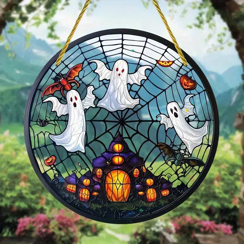 [Halloween] Spooky Ghost Suncatcher Single-sided Acrylic Decor- Acrylic Window Hanging, Round Sign For Halloween Decor, Housewarming Gift, Wreath Centerpiece, Perfect For Windows, Porches, And Home Hallow ORHA2408