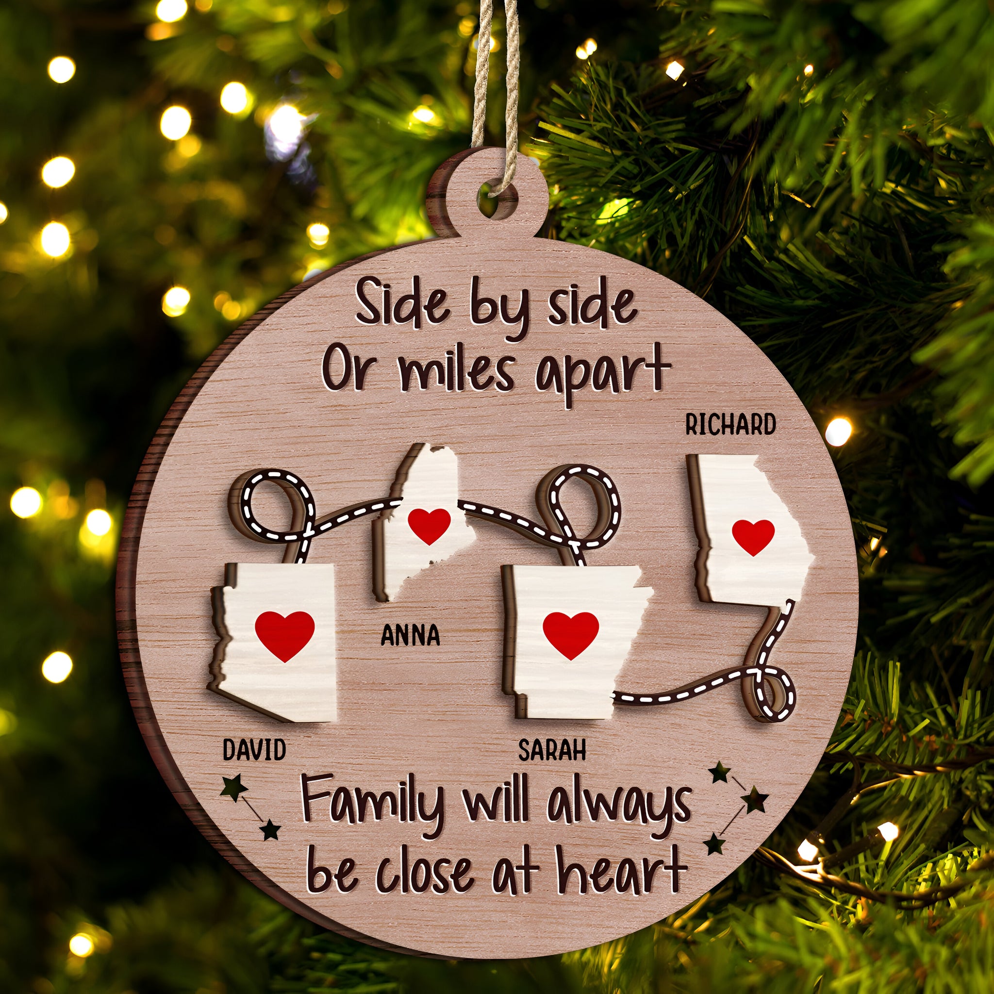Side By Side Or Miles Apart - Christmas Gift For Family, BFF Best Friends, Siblings, Brothers, Sisters - Personalized 2-Layered Wooden Ornament ORHA24