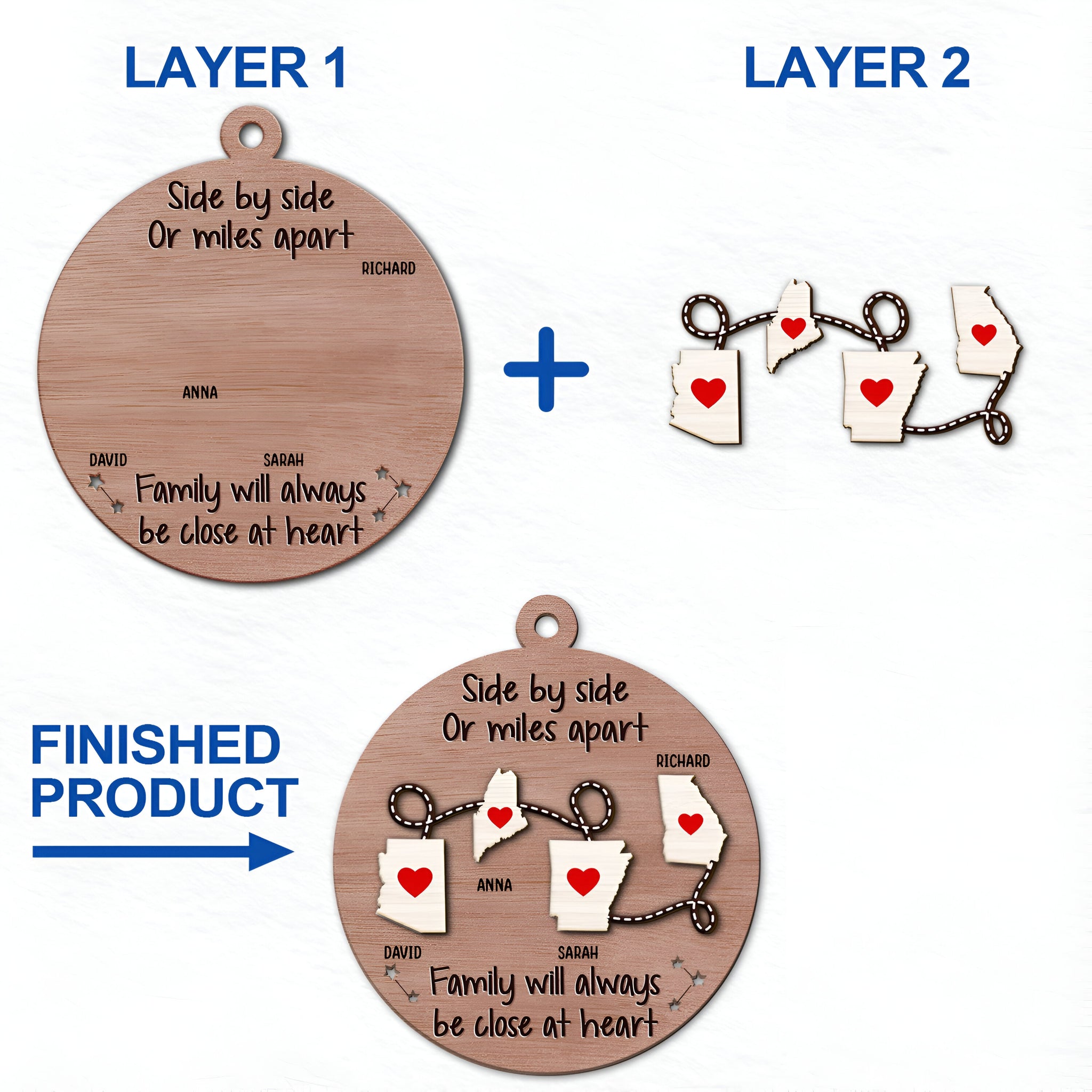 Side By Side Or Miles Apart - Christmas Gift For Family, BFF Best Friends, Siblings, Brothers, Sisters - Personalized 2-Layered Wooden Ornament ORHA24