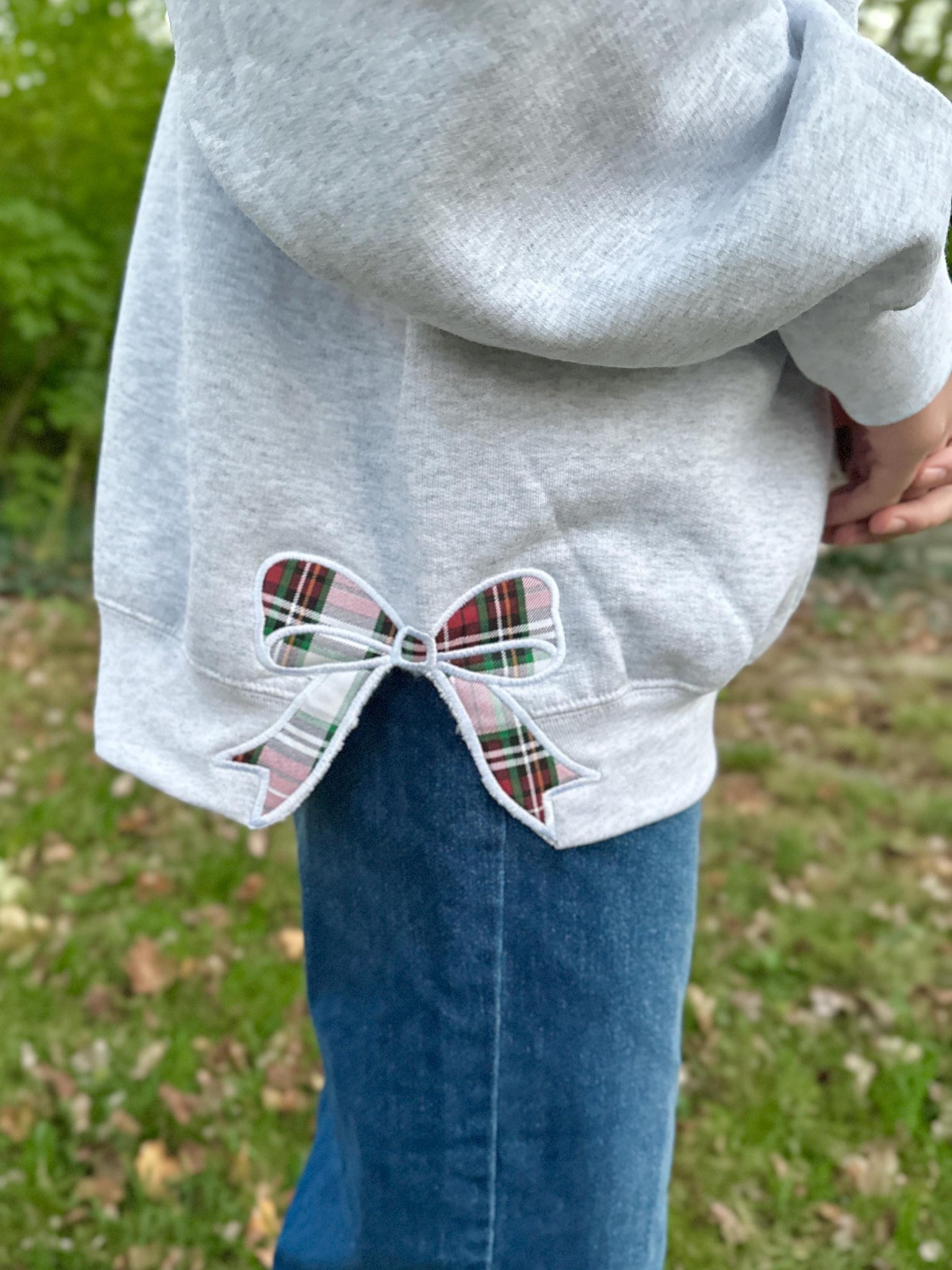 Side Bow Sweatshirt, Custom Grandmillennial Coquette Style, Plaid Holiday Bow, Comfy Oversized Fabric Bow Crewneck Pullover, Floral Fabric ESIBOW