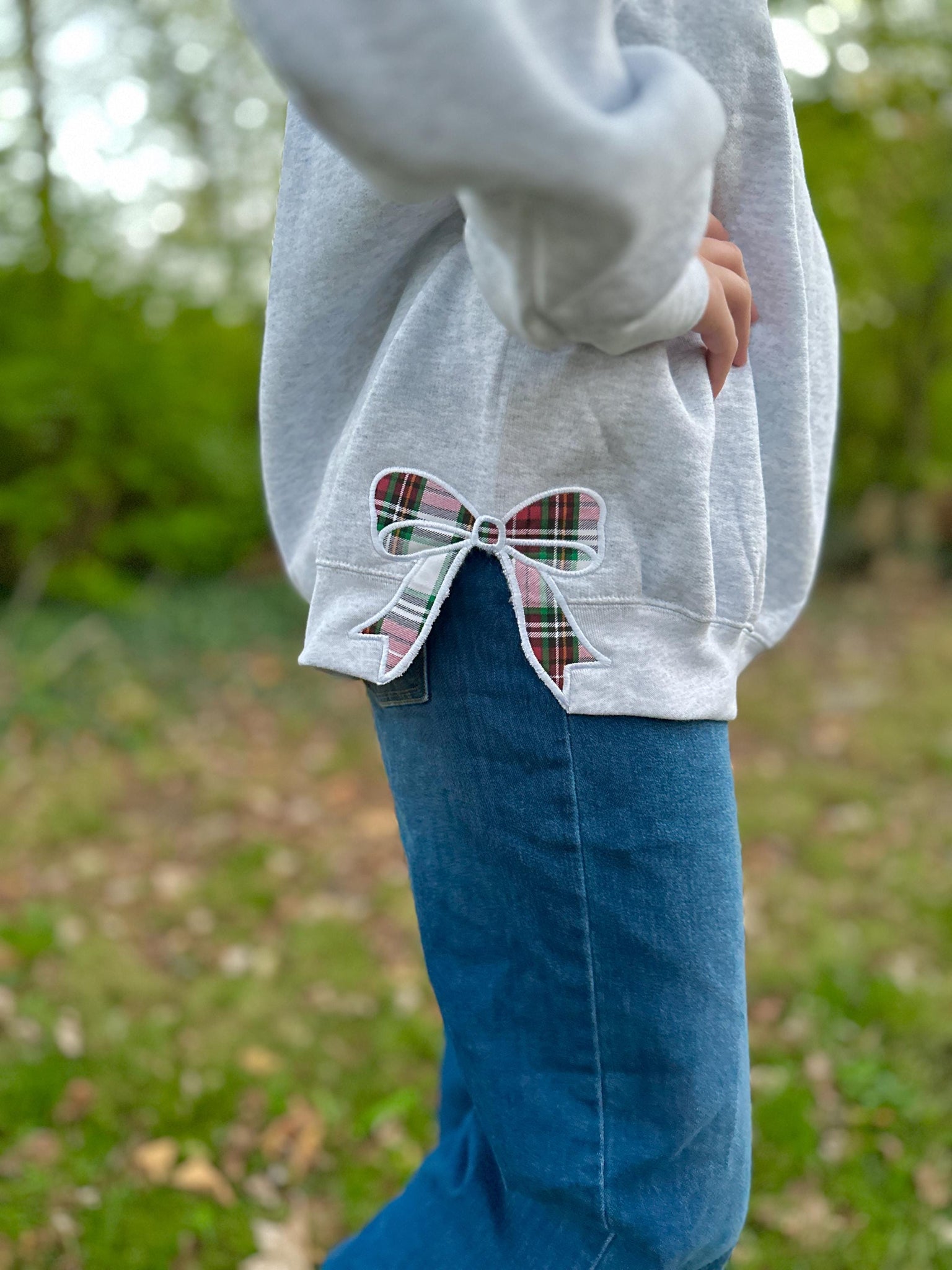 Side Bow Sweatshirt, Custom Grandmillennial Coquette Style, Plaid Holiday Bow, Comfy Oversized Fabric Bow Crewneck Pullover, Floral Fabric ESIBOW