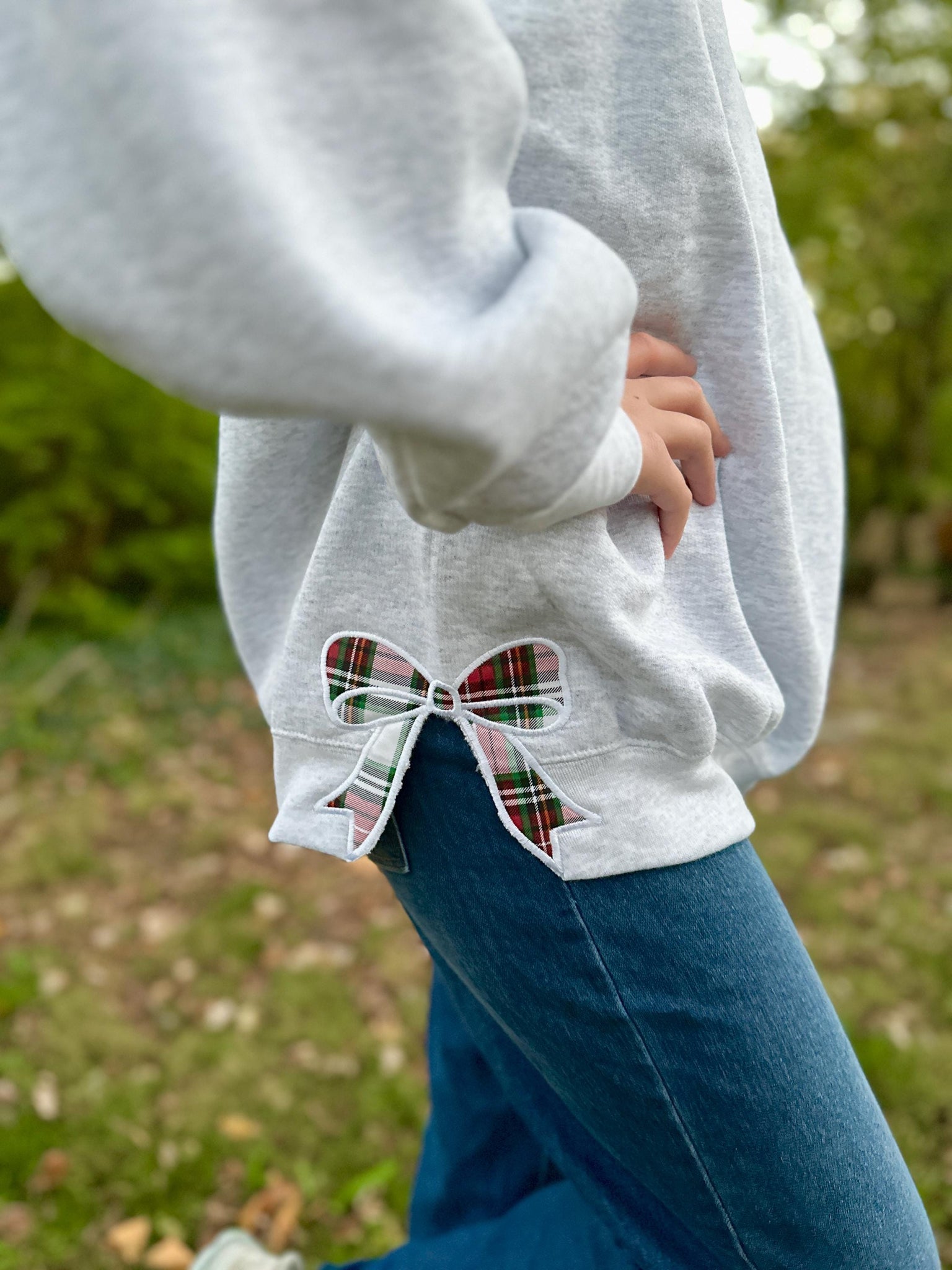 Side Bow Sweatshirt, Custom Grandmillennial Coquette Style, Plaid Holiday Bow, Comfy Oversized Fabric Bow Crewneck Pullover, Floral Fabric ESIBOW