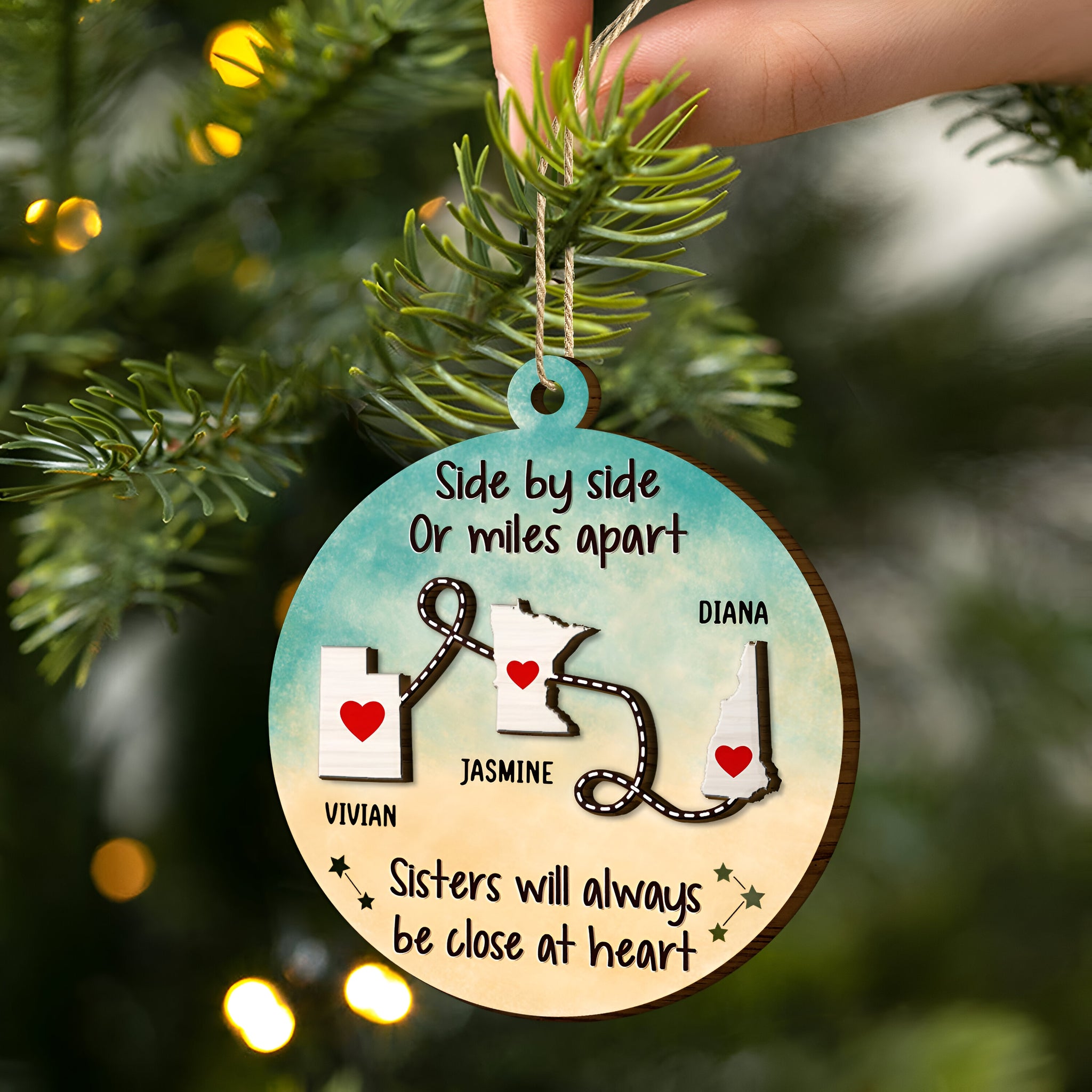 Side By Side Or Miles Apart - Christmas Gift For Family, BFF Best Friends, Siblings, Brothers, Sisters - Personalized 2-Layered Wooden Ornament ORHA24