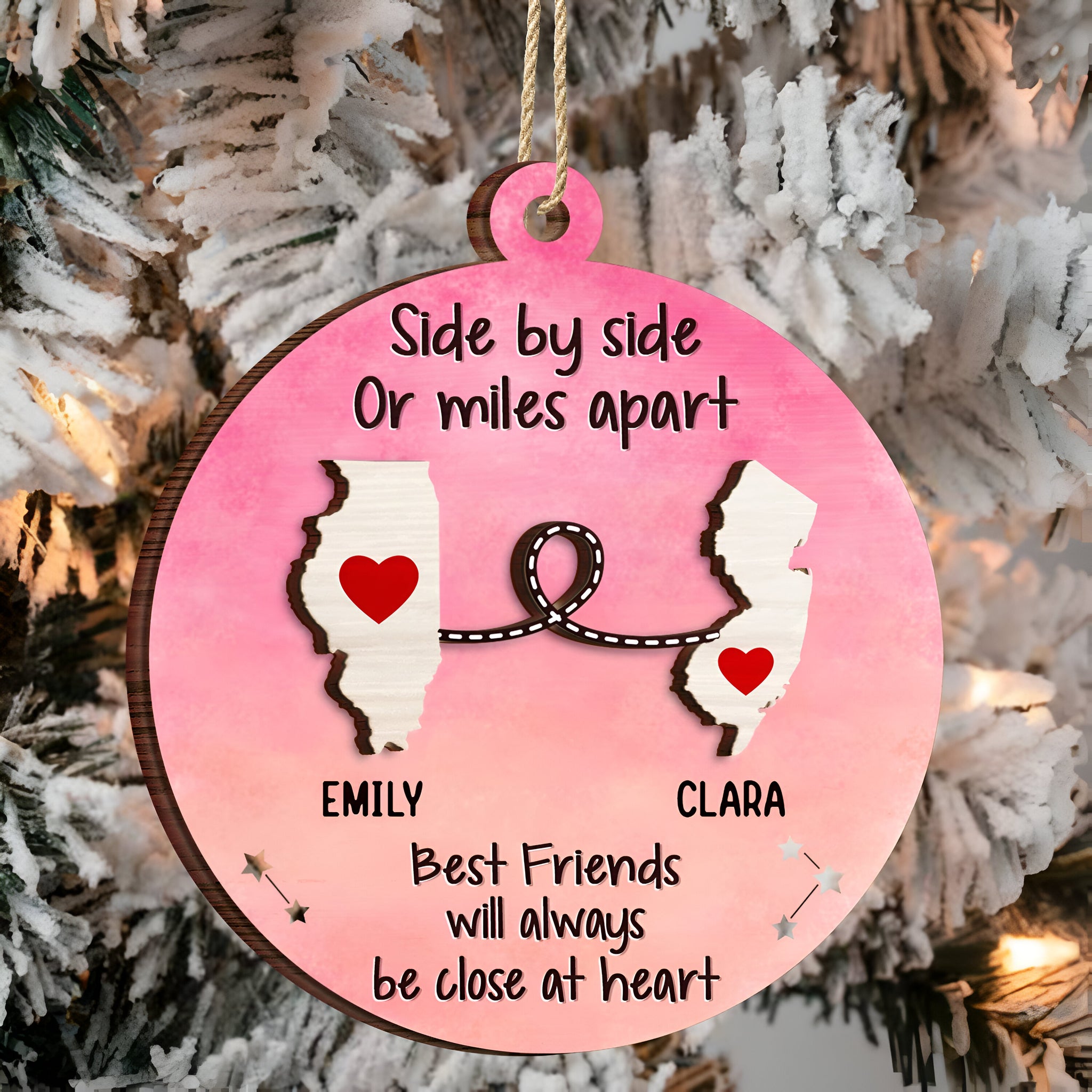 Side By Side Or Miles Apart - Christmas Gift For Family, BFF Best Friends, Siblings, Brothers, Sisters - Personalized 2-Layered Wooden Ornament ORHA24