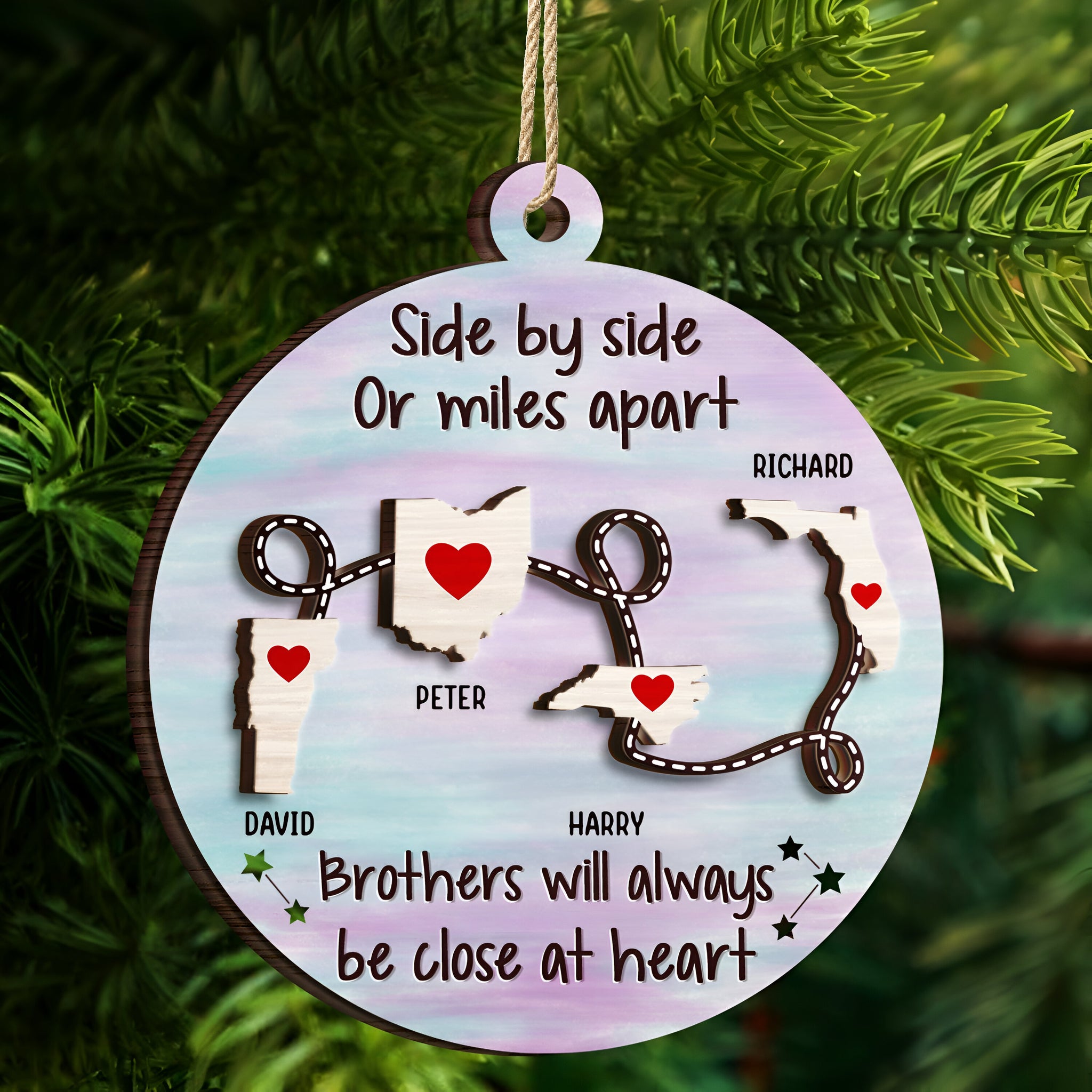 Side By Side Or Miles Apart - Christmas Gift For Family, BFF Best Friends, Siblings, Brothers, Sisters - Personalized 2-Layered Wooden Ornament ORHA24