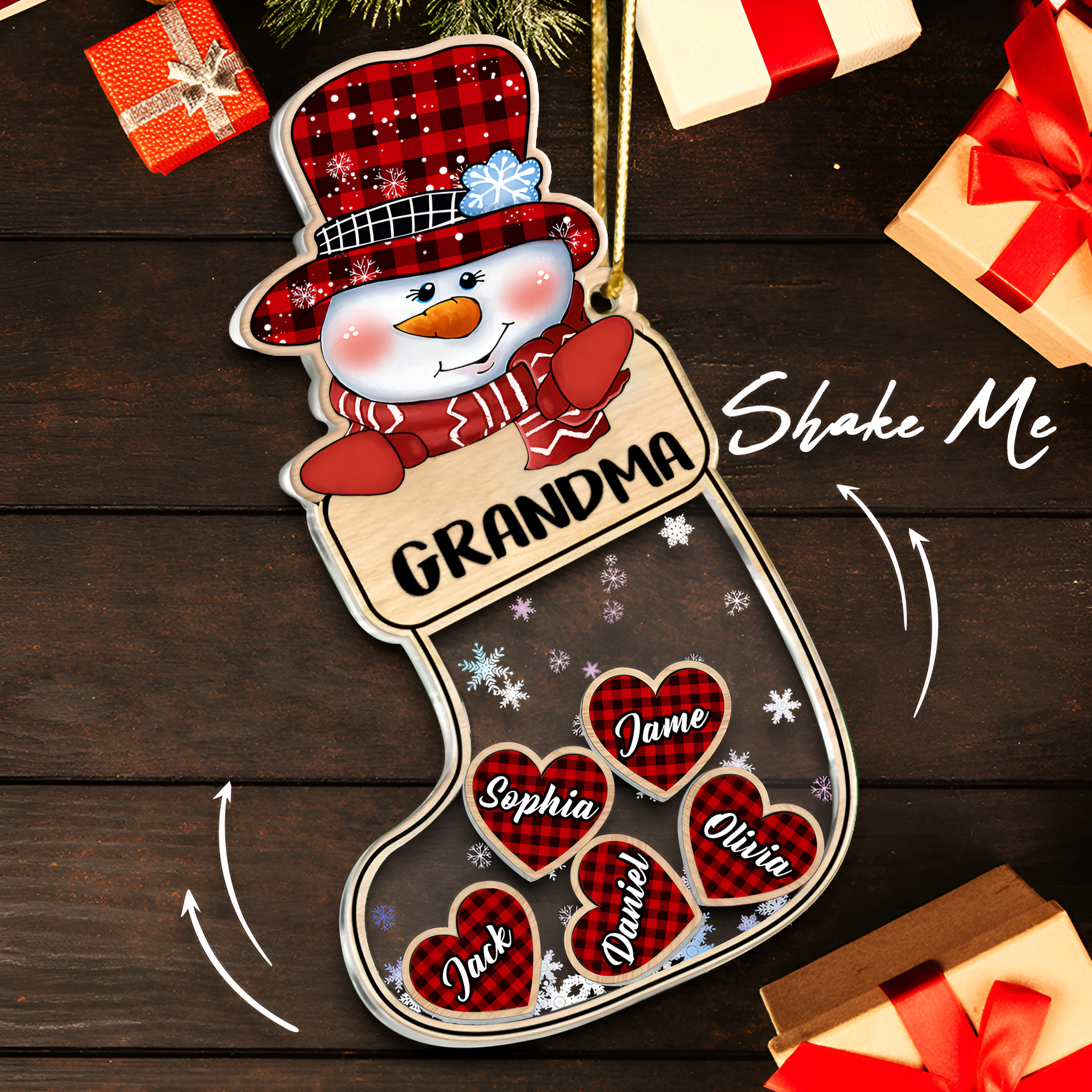 Snowman Grandma And Grandkids Christmas Socks Personalized Christmas Gift CTH01 Shaker Ornament ORN2809