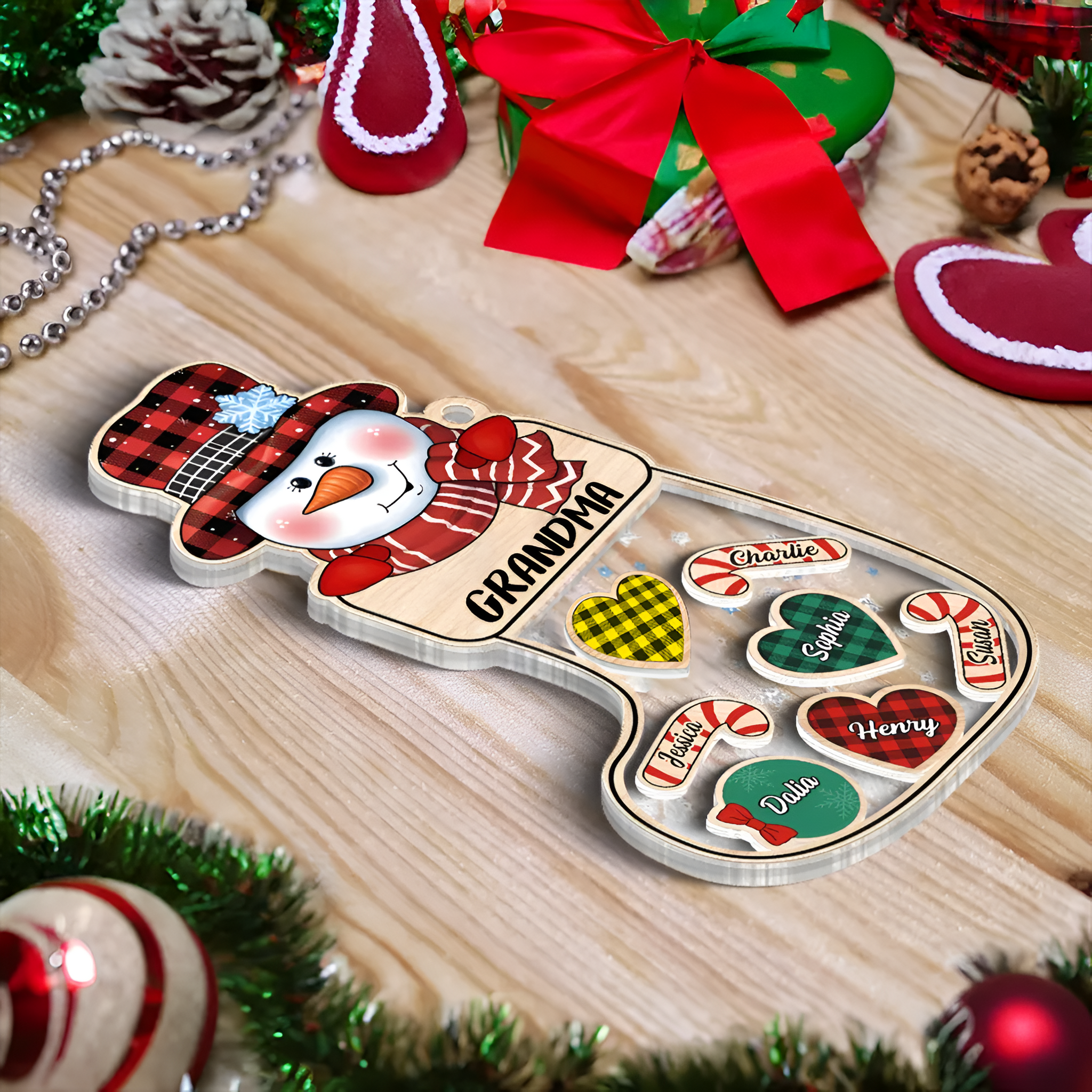 Snowman Grandma And Grandkids Christmas Socks Personalized Christmas Gift CTH01 Shaker Ornament ORN2809