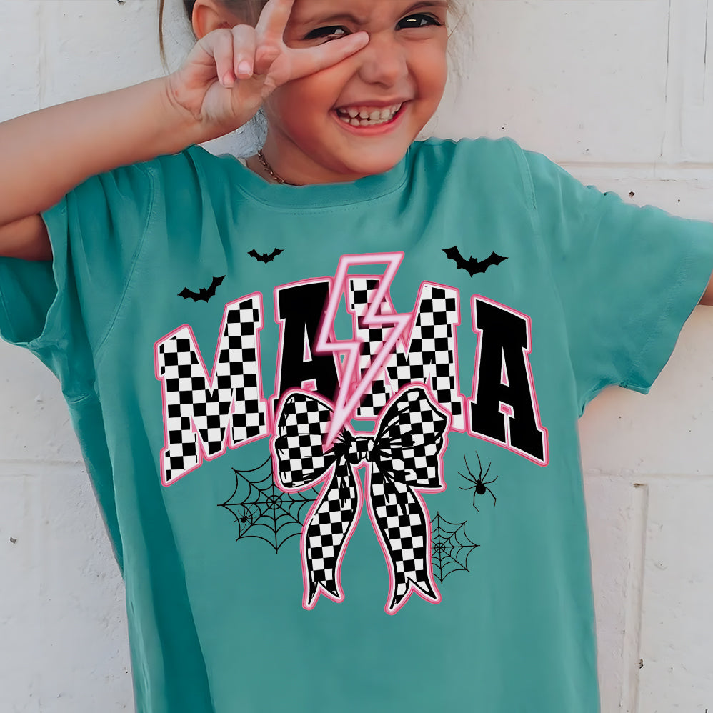 Spooky Mama Neon Png, Halloween Png, Spooky Season Png, Halloween Checkered Png, Spooky vibes Png, Halloween Mama Coquette Bow Sublimation