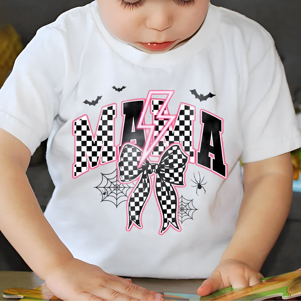 Spooky Mama Neon Png, Halloween Png, Spooky Season Png, Halloween Checkered Png, Spooky vibes Png, Halloween Mama Coquette Bow Sublimation