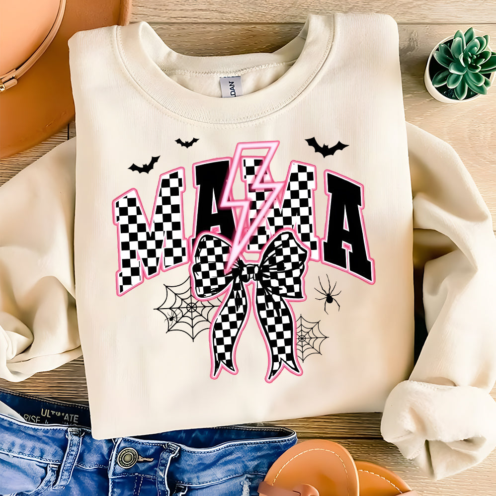 Spooky Mama Neon Png, Halloween Png, Spooky Season Png, Halloween Checkered Png, Spooky vibes Png, Halloween Mama Coquette Bow Sublimation