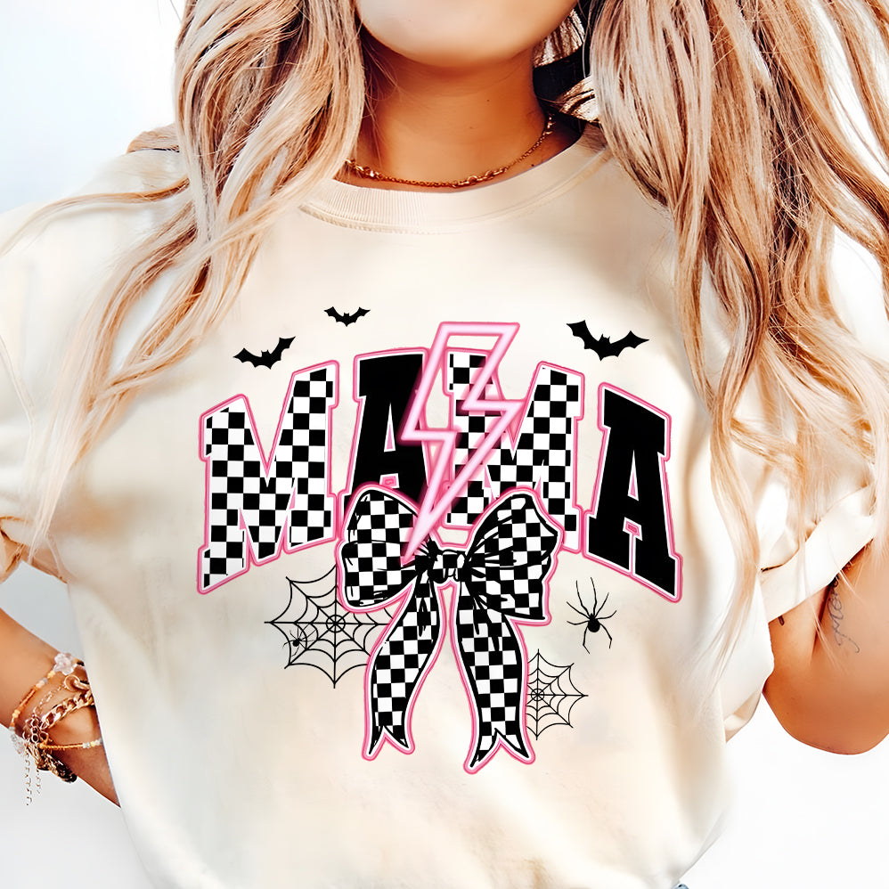 Spooky Mama Neon Png, Halloween Png, Spooky Season Png, Halloween Checkered Png, Spooky vibes Png, Halloween Mama Coquette Bow Sublimation