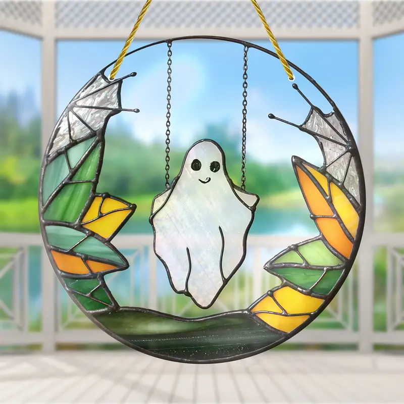 Halloween Stained Glass Suncatcher - 8 Ghost Design with Autumn Leaves - Versatile Hanging Decoration for Home, Office, and Outdoor Spaces - High Quality Material - Ideal Gift for Spooky Themed Decor ORHA2408