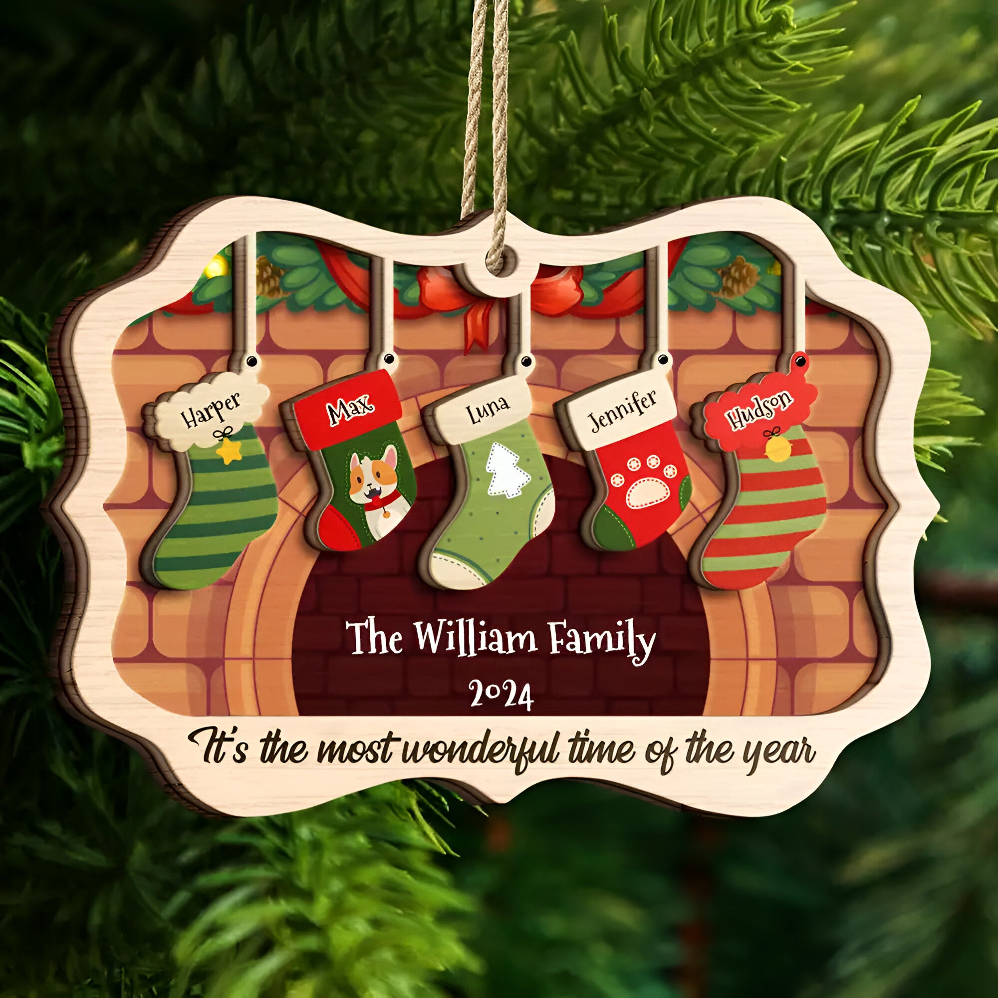 Stockings Hanging The Most Wonderful Time Of Year - Gift For Family - Personalized Custom 2-Layered Wooden Ornament ORHA24