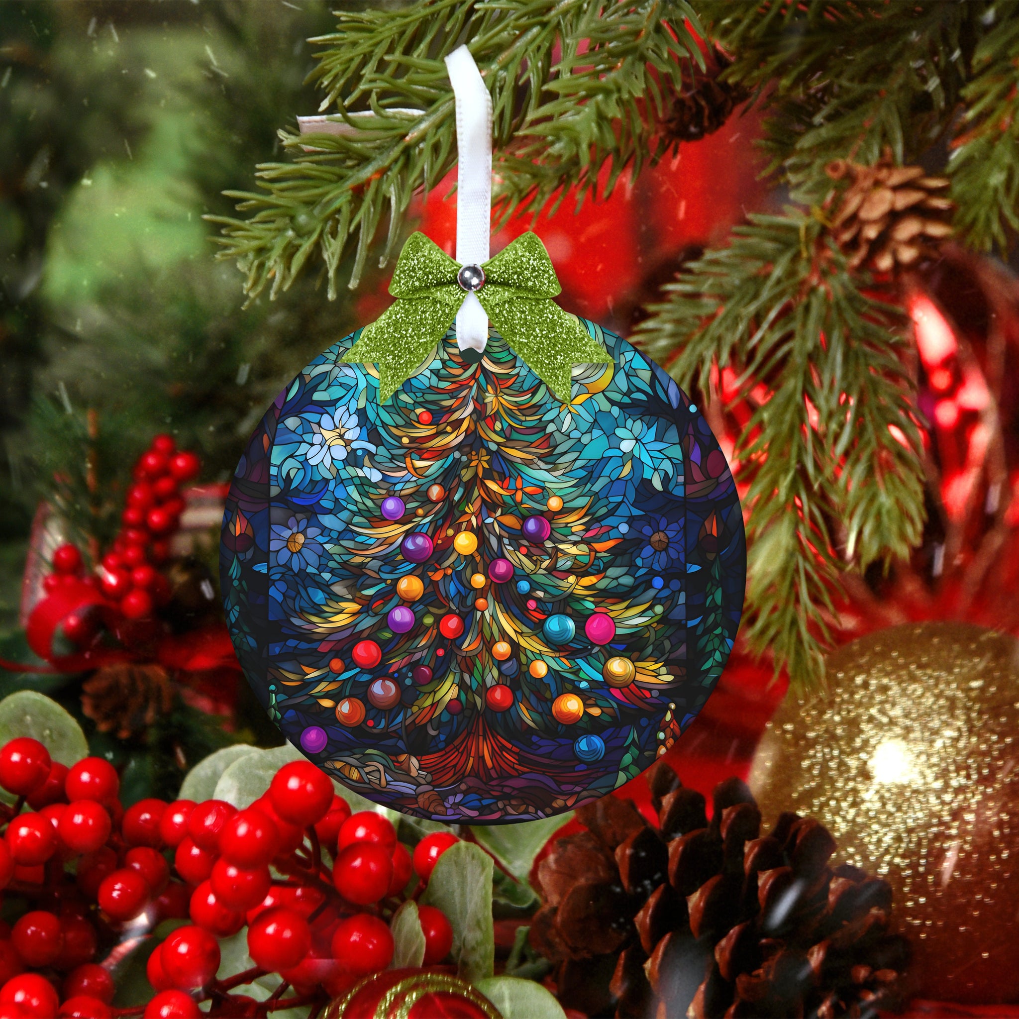 Stained Glass Christmas Tree Design Ornament,  Christmas Ornament  Flat Shaped, Holiday Ornament, Christmas Tree Ornament HAOR14