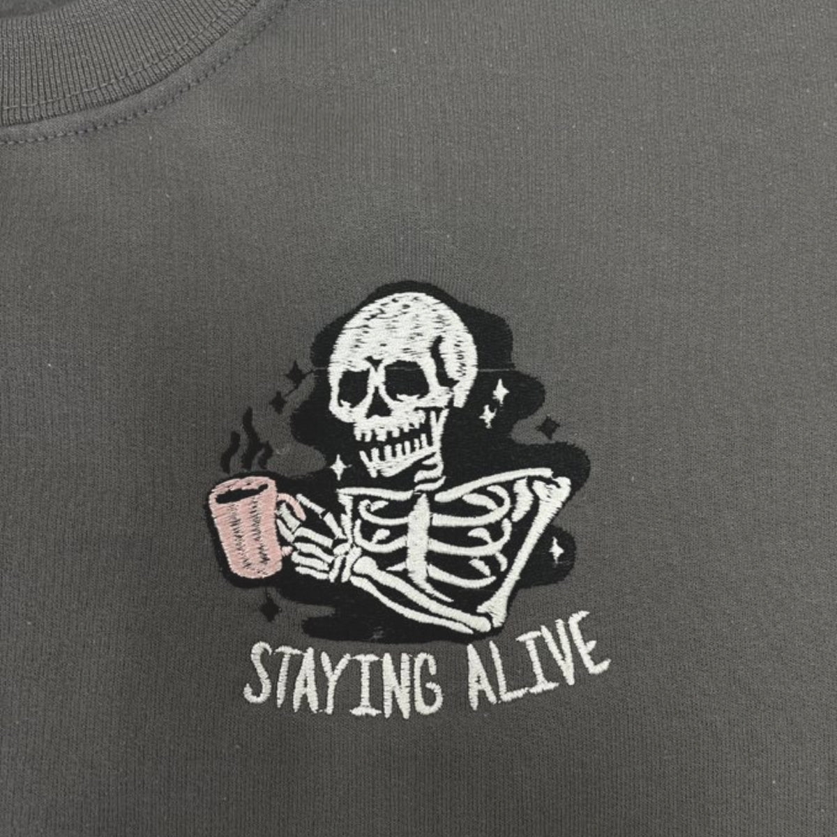 Stay Alive Coffee Sweatshirt, Funny Skeleton Crewneck Embroidered Halloween Hoodie for Coffee Lovers Gift EMHA2608