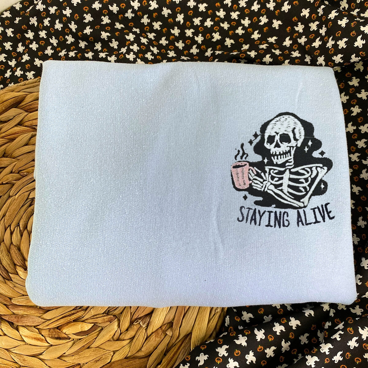 Stay Alive Coffee Sweatshirt, Funny Skeleton Crewneck Embroidered Halloween Hoodie for Coffee Lovers Gift EMHA2608