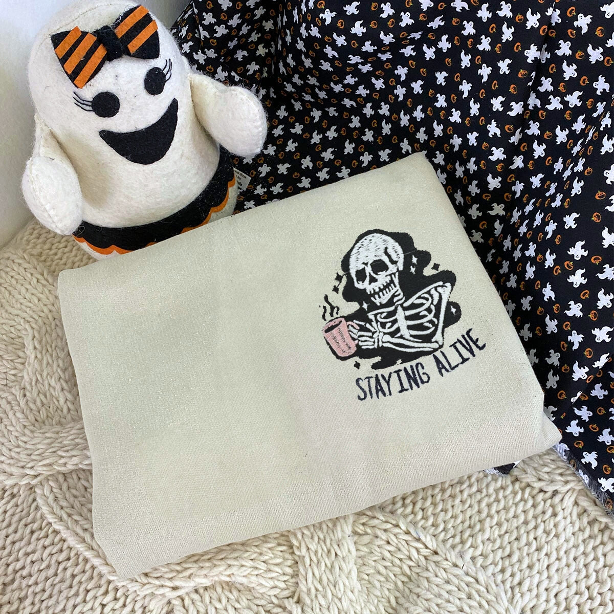 Stay Alive Coffee Sweatshirt, Funny Skeleton Crewneck Embroidered Halloween Hoodie for Coffee Lovers Gift EMHA2608