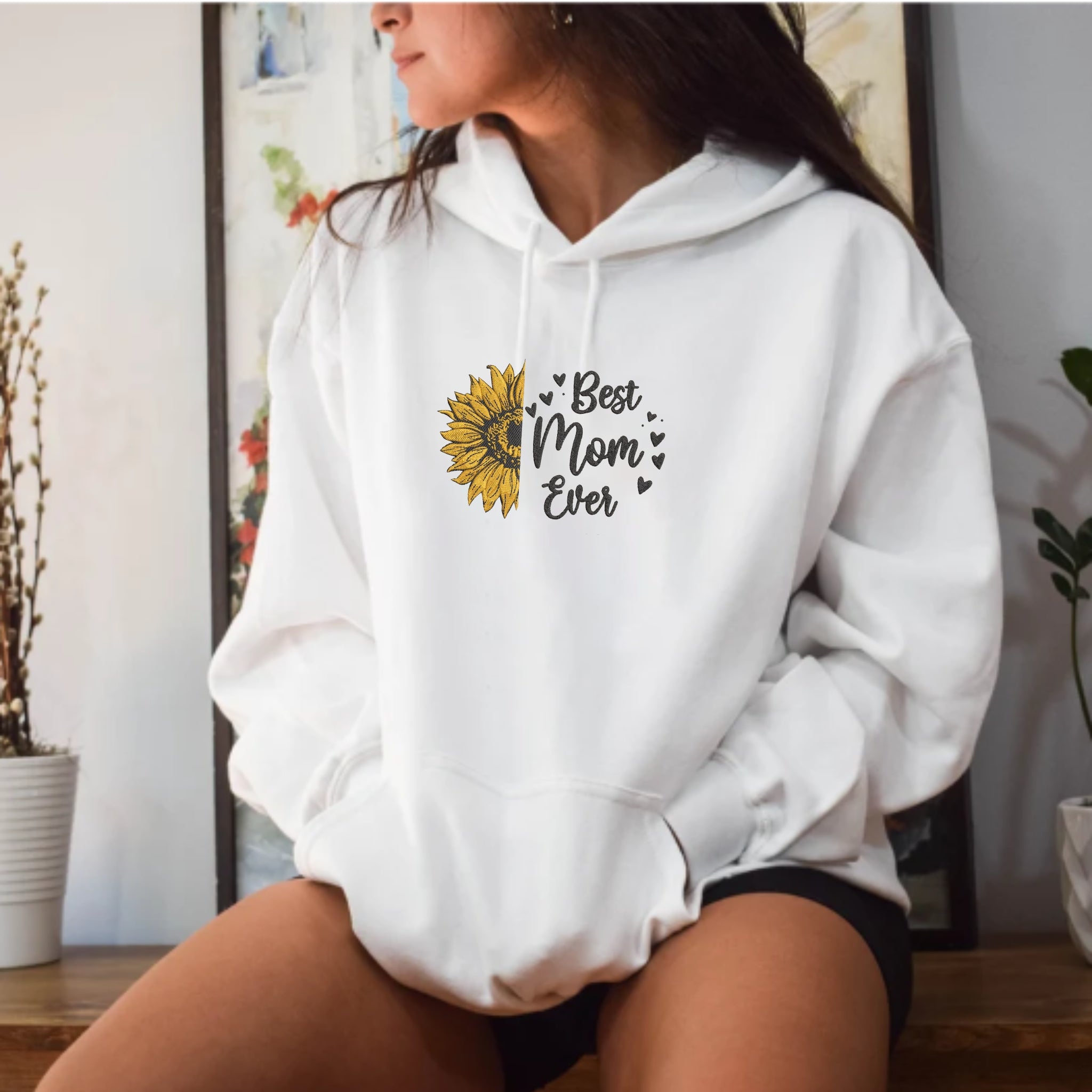 Sunflower Best Mom Ever Embroidered Hoodie, Mother's Day Embroidery Designs, Personalized Hoodie With Font Style And Icon EM1