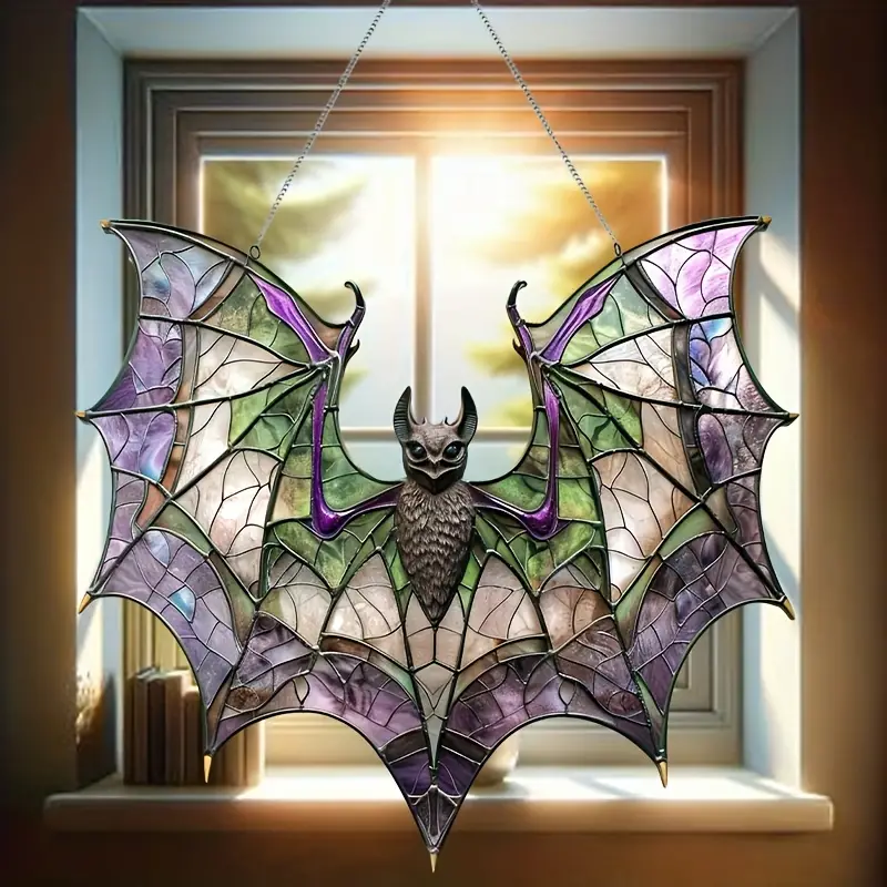 Contemporary Acrylic Bat Suncatcher, 8x7.3 - StainGlass Style Hanging Ornament for Window, Versatile Halloween Decor, Home Wall Art, Housewarming Gift, Wreath Centerpiece Accessory - Waterproof, Solvent ORHA2608