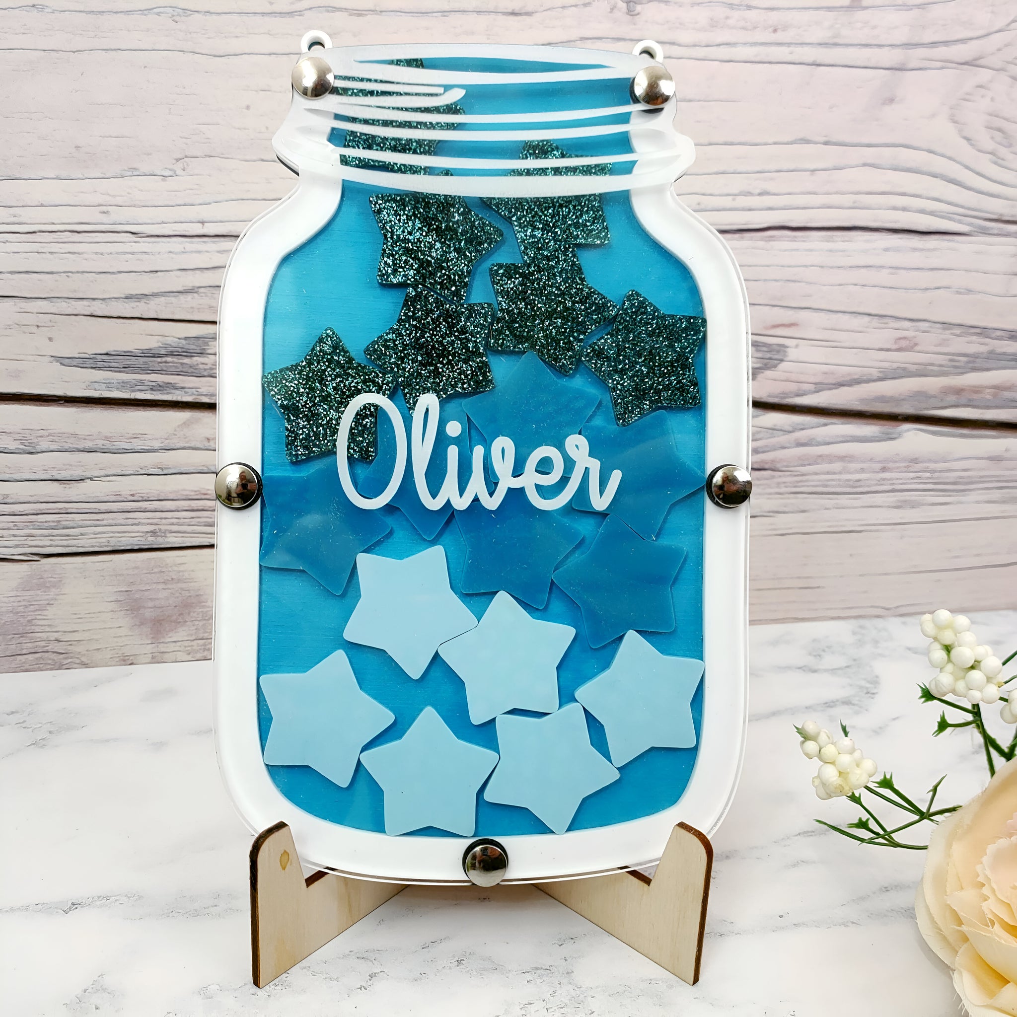 Teal and White Glitter Reward Jar rejar