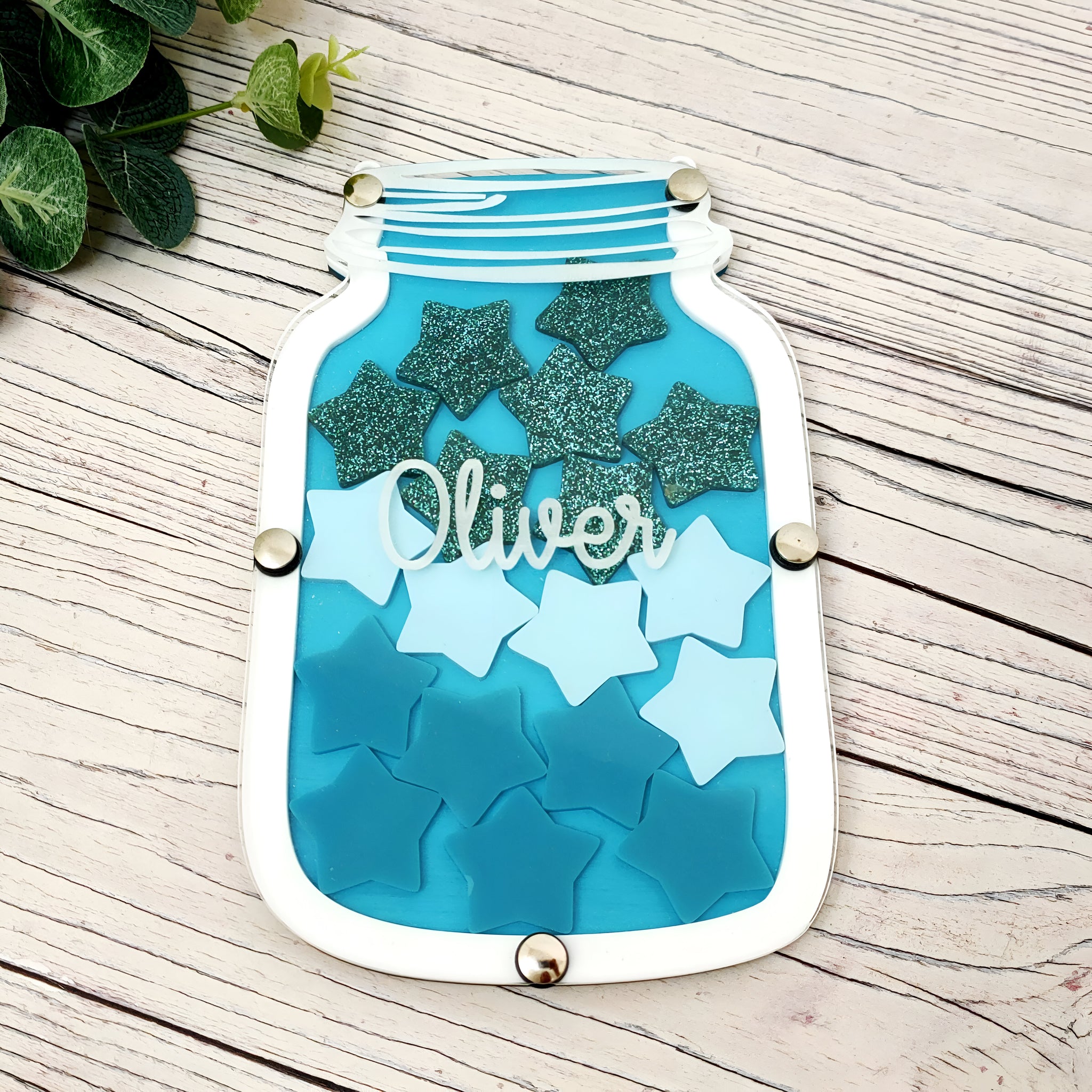 Teal and White Glitter Reward Jar rejar