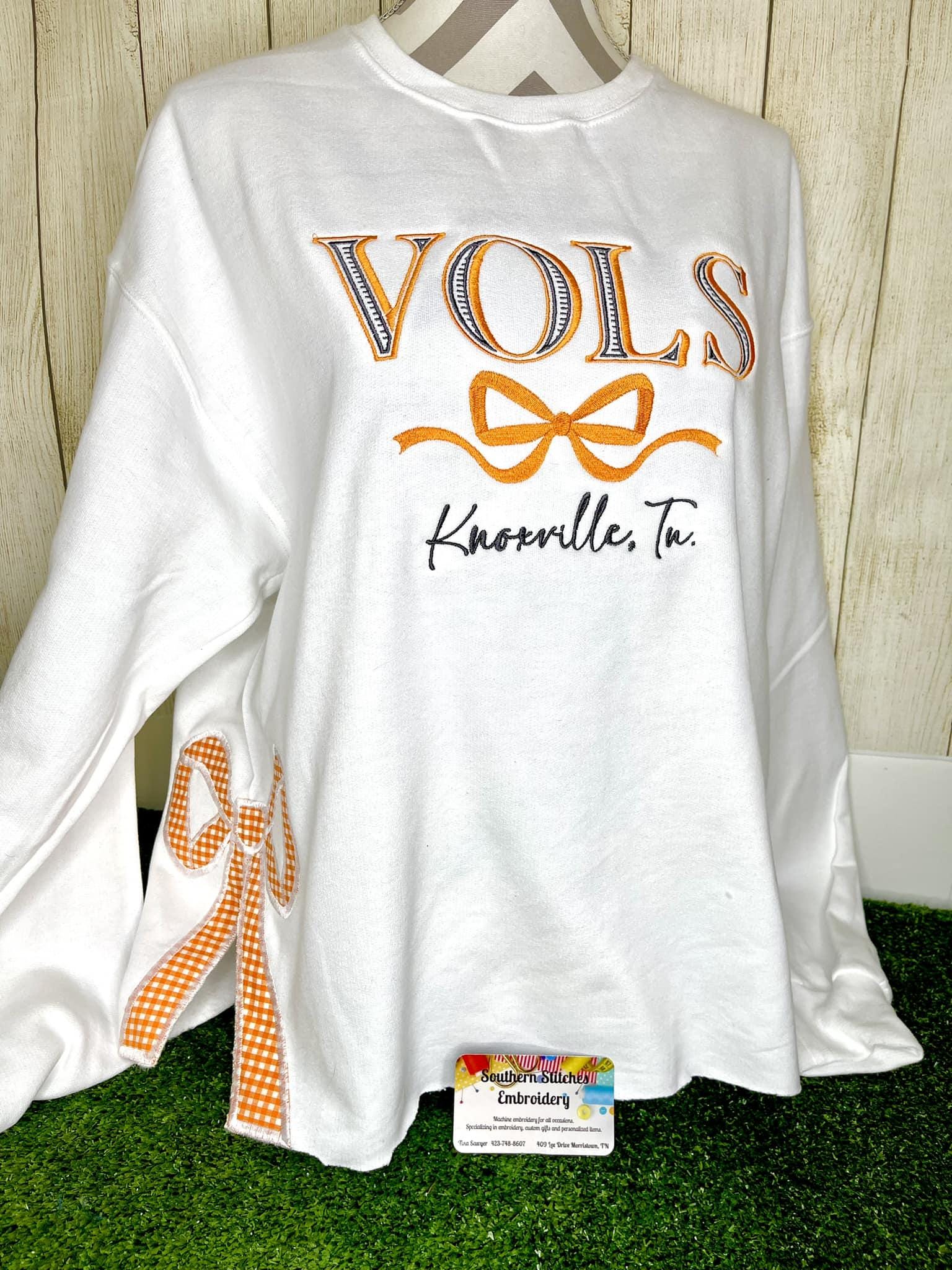 Tennessee Football crewneck sweatshirt.  VOLS embroidered sweatshirt with embroidered checkerboard side bows for the little extra ESIBOW