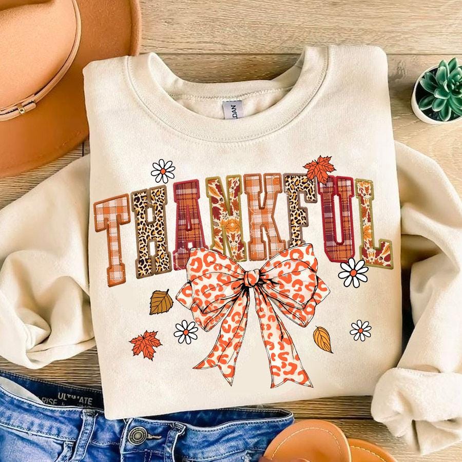 Thankful Coquette PNG, Embroidery Fall Png, Autumn SeasonPng, Thanksgiving Png, Fall Design, Cozy Season, Coquette Bow Leopard Design 17608SCU