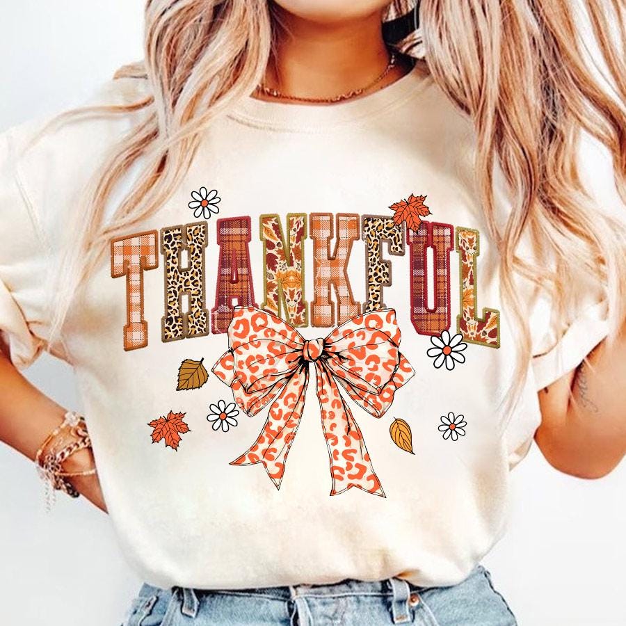 Thankful Coquette PNG, Embroidery Fall Png, Autumn SeasonPng, Thanksgiving Png, Fall Design, Cozy Season, Coquette Bow Leopard Design SCU