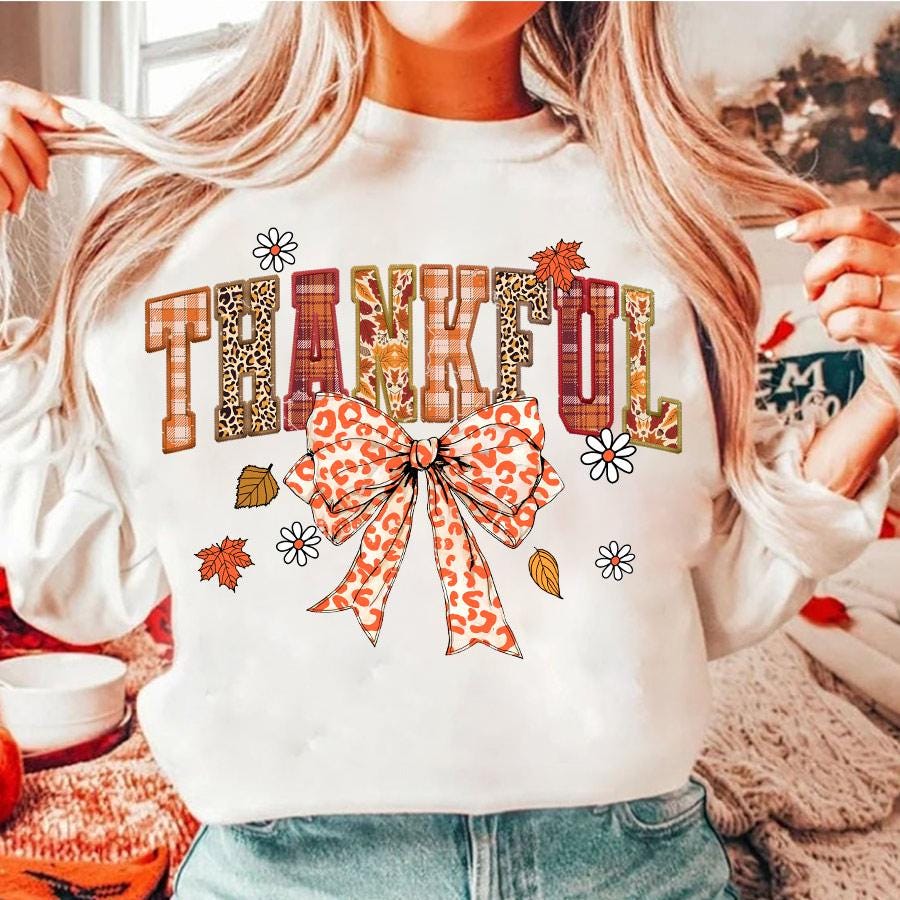 Thankful Coquette PNG, Embroidery Fall Png, Autumn SeasonPng, Thanksgiving Png, Fall Design, Cozy Season, Coquette Bow Leopard Design 17608SCU