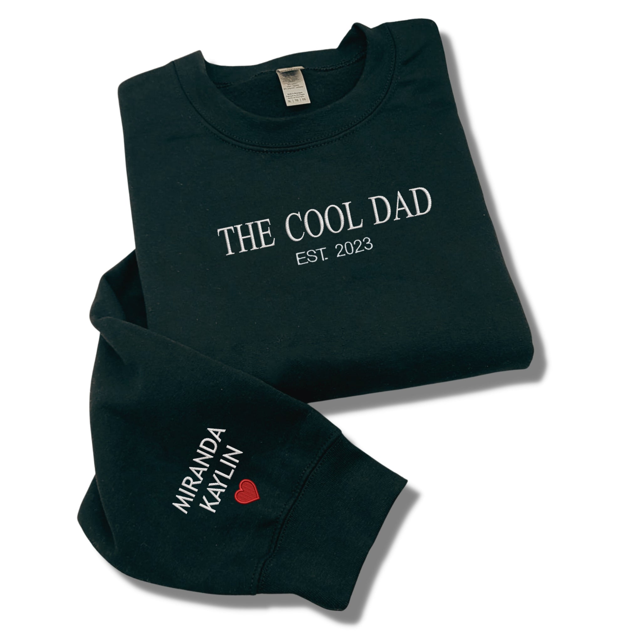 The Cool Dad Sweatshirt, Dad Crewneck Embroidered with Kid Name on Sleeve, Father Day Gift Idea em4