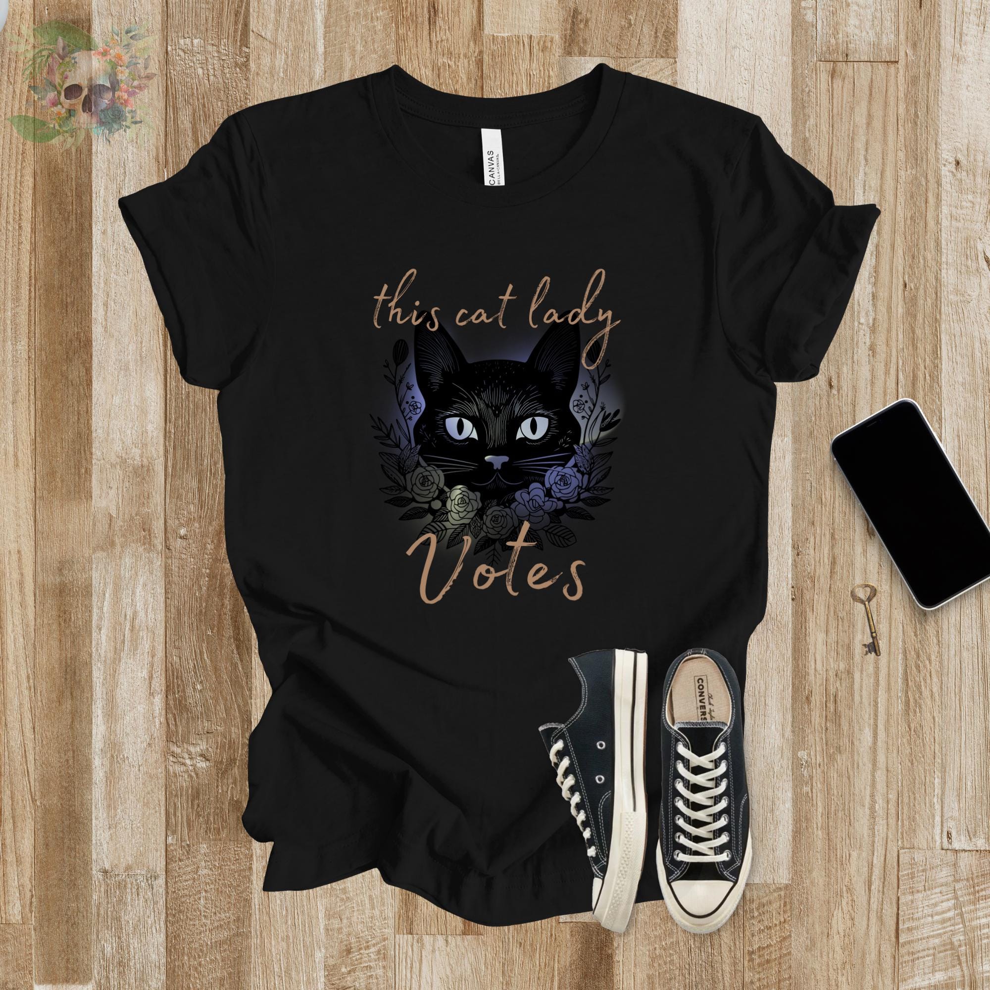 This Cat Lady Votes, crazy kitty ladies shirt, election political animal lover gift, cute lucky black cat botanical unisex Bella+Canvas tee  TD2907N 12