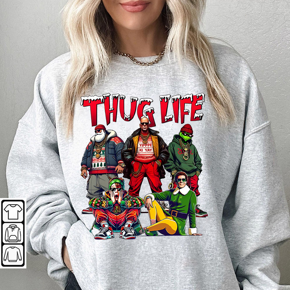 THUGLIFE Christmas Sweatshirt, Christmas Movies Shirt, Friends Gifts for Women Holiday Crewneck Xmas, Xmas Graphic Tee