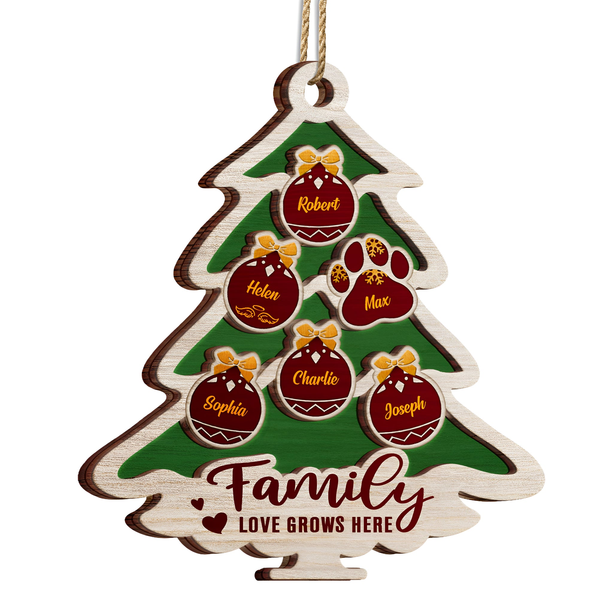 Tree Shape Love Grows Here - Holiday, Xmas, Christmas Gift For Family, Parents, Grandparents - Personalized 2-Layered Wooden Ornament ORN0310