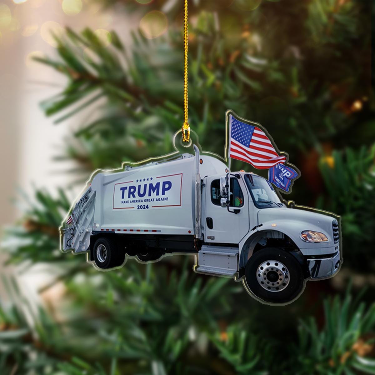 Trump Make America Great Again 2024 Garbage Truck Ornament, Donald Trump Boards A Garbage Truck Ornament, Trump Truck Ornament ORNO5