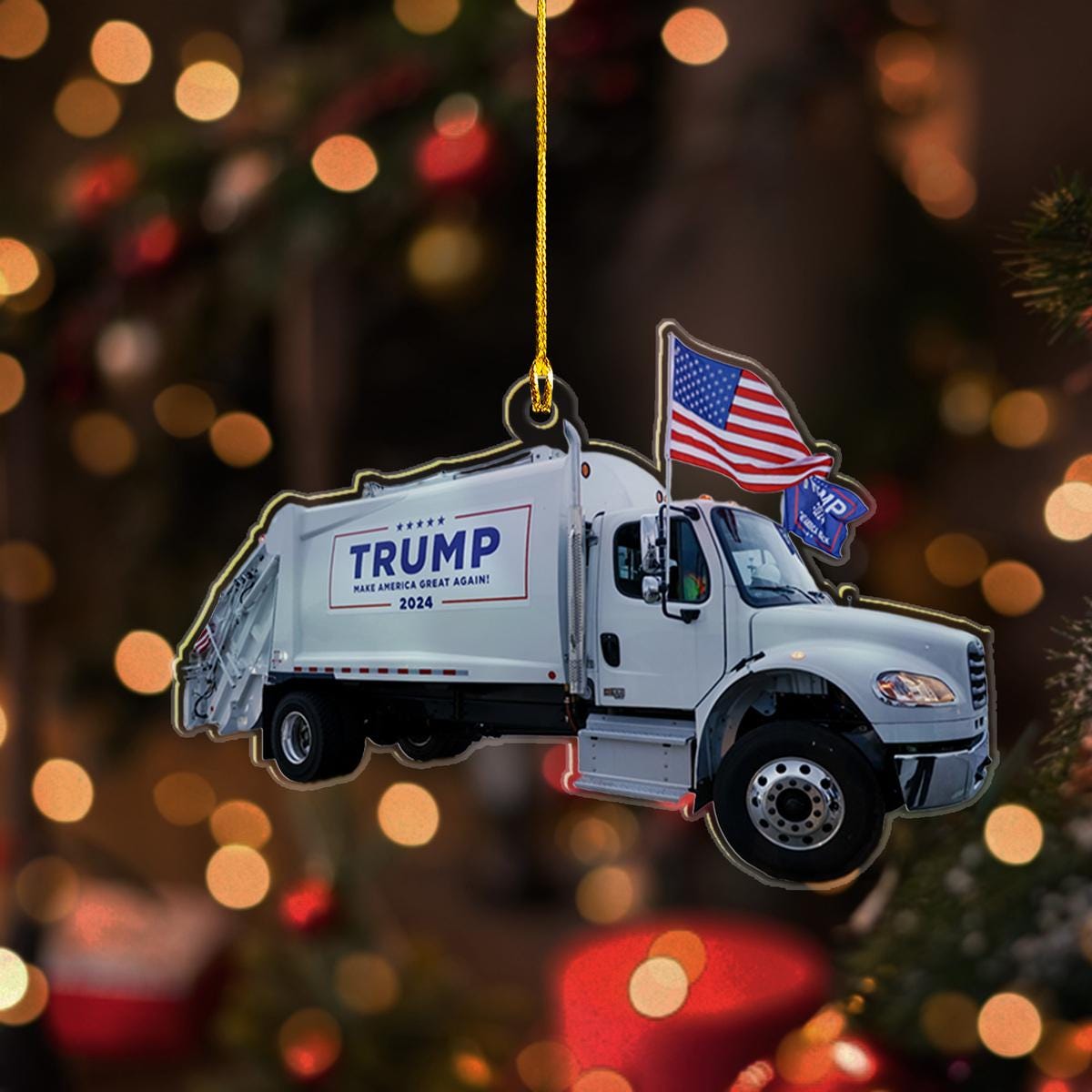 Trump Make America Great Again 2024 Garbage Truck Ornament, Donald Trump Boards A Garbage Truck Ornament, Trump Truck Ornament ORNO5